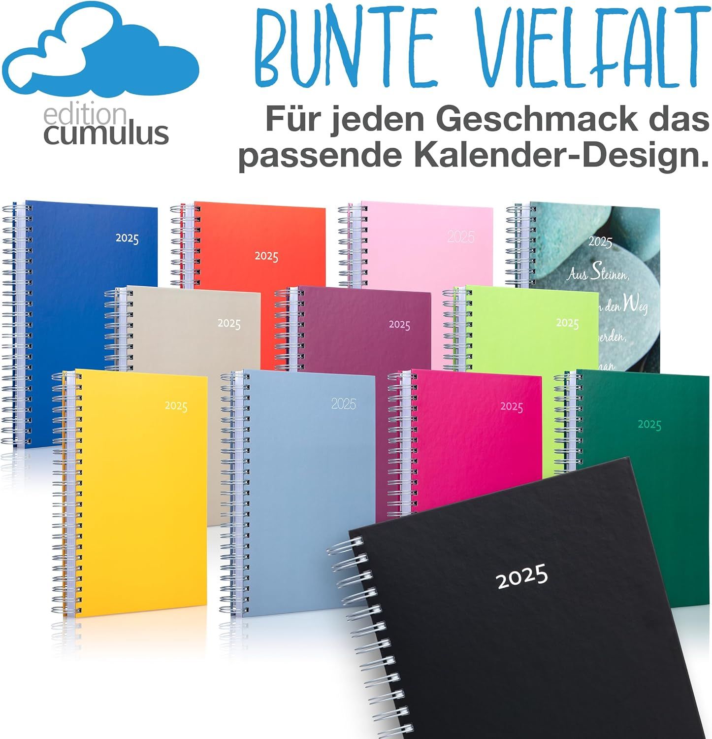 Showcases the brand's diverse calendar product lineup for 2025, highlighting the variety of colors and designs available to appeal to different customer preferences.