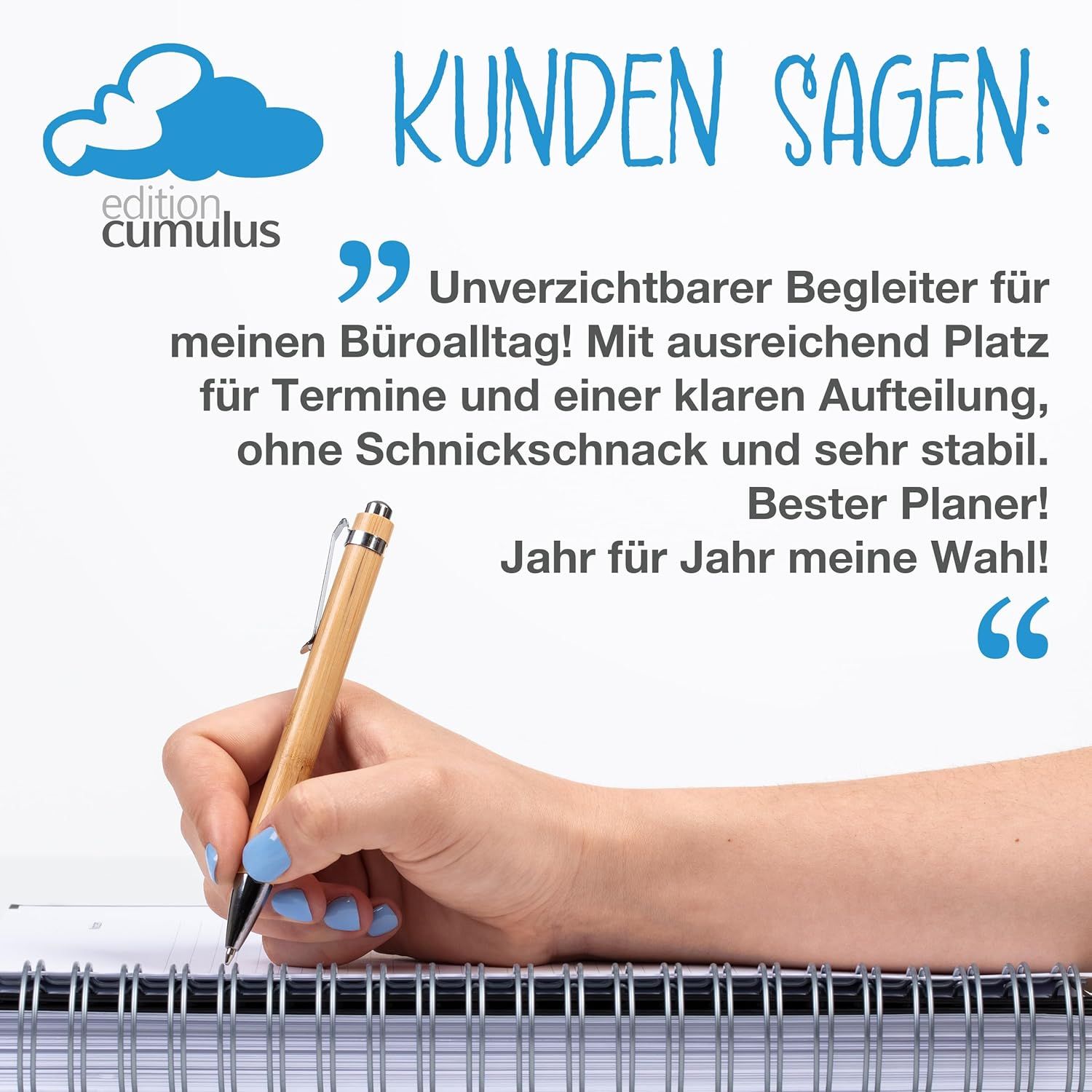Communicates strong customer satisfaction and trust through a direct quote praising the planner's reliability, organization, and stability for daily office use, building social proof and emotional…