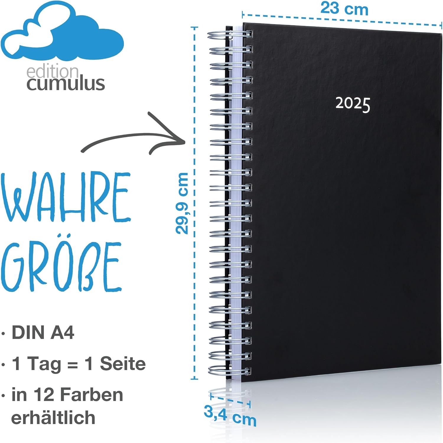 Communicates the exact physical size of the planner (23 cm width, 29.9 cm height, 3.4 cm depth) to help shoppers understand how large the product is and whether it fits their needs.