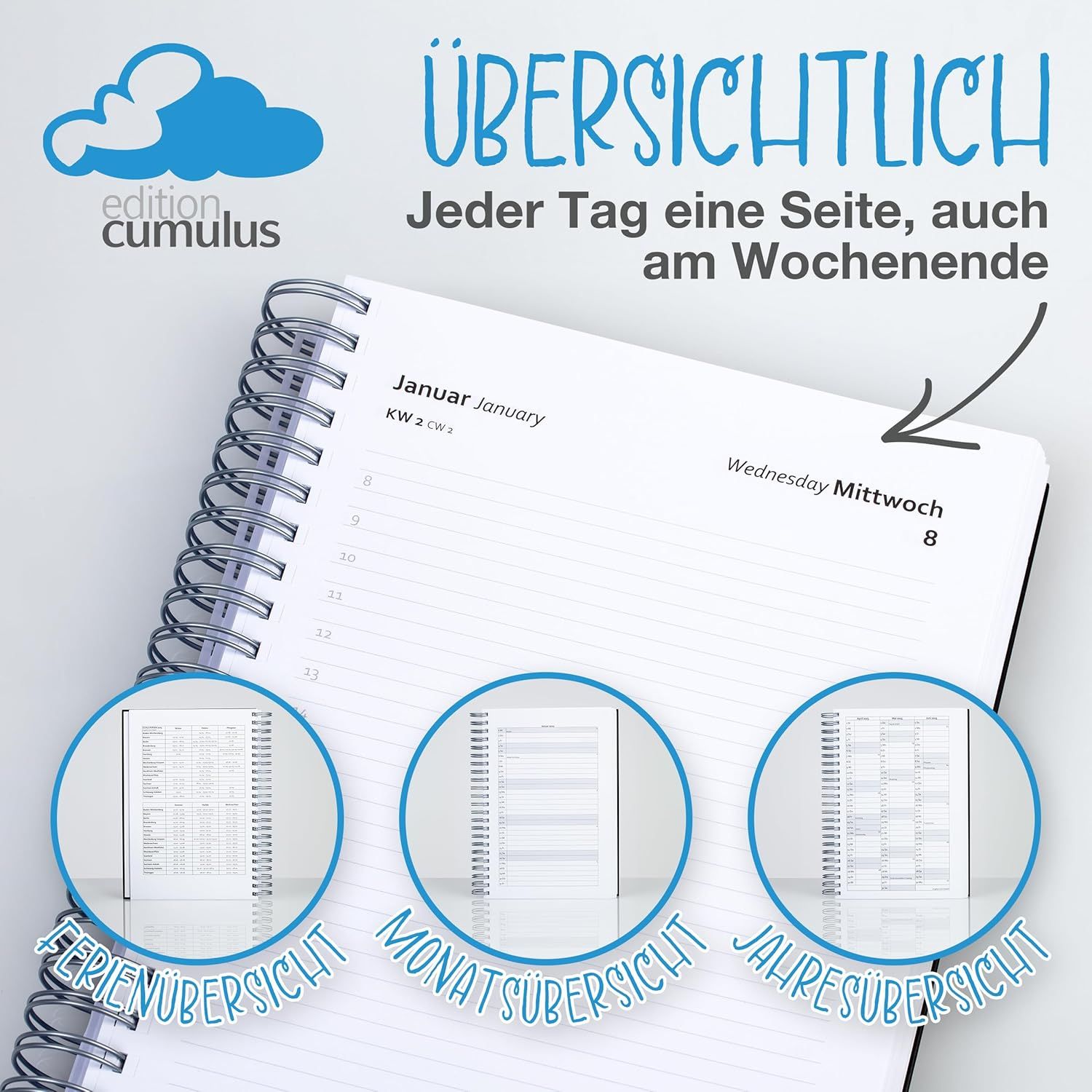 Communicates the planner's key organizational benefit of providing a clear daily overview with one page per day, including weekends, to help shoppers understand the product's layout and usability.