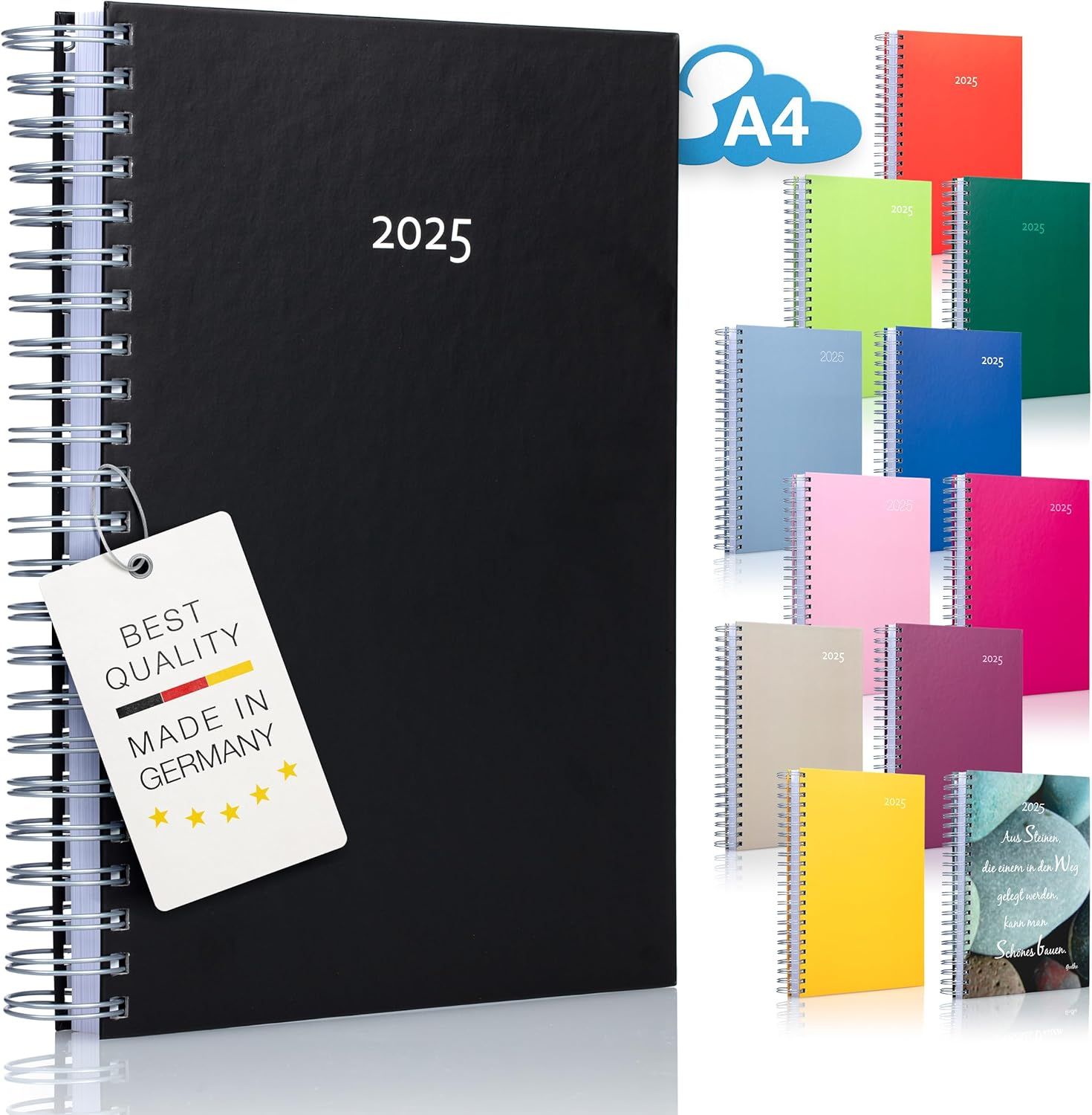 Showcases the brand's full product portfolio of 2025 planners in multiple colors and styles, while emphasizing German manufacturing quality to build trust and help shoppers choose from available…