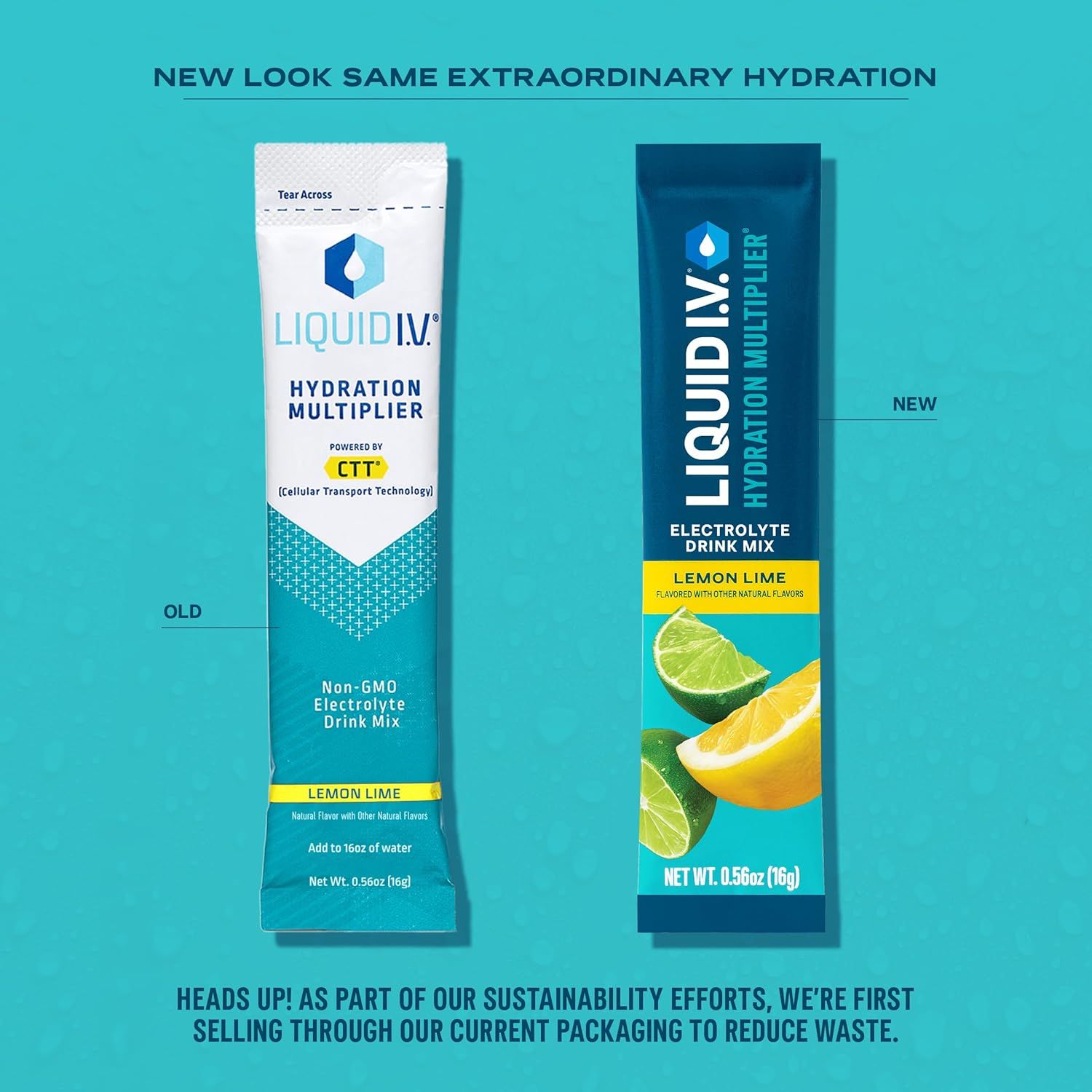 Communicates the brand's packaging update and sustainability commitment by showing the old and new product designs side-by-side, reassuring customers that the product formulation remains the same…
