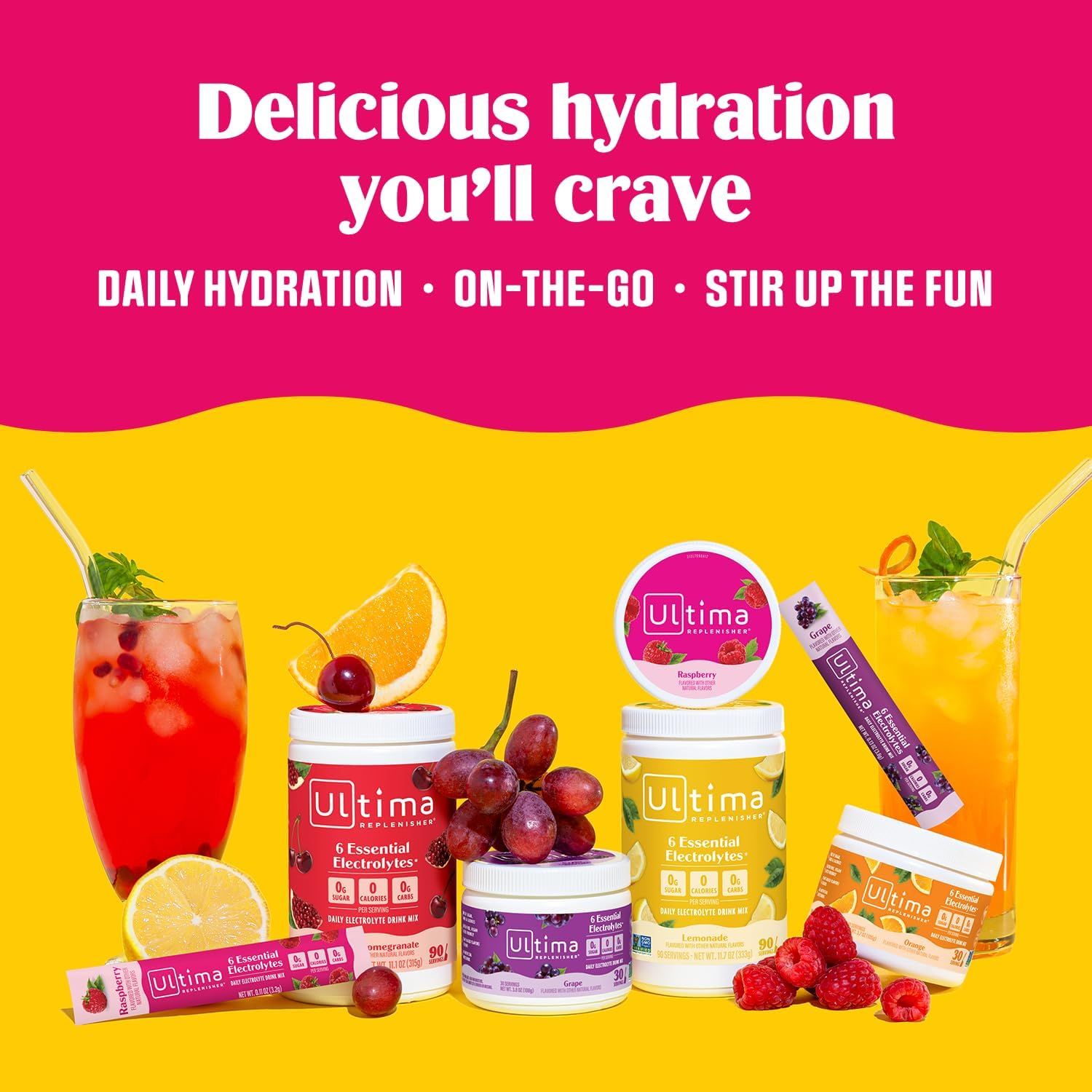 Showcases the Ultima Replenisher brand's full product portfolio across multiple flavors and formats (tubs, sticks, drink mixes) while communicating the brand's core value proposition of delicious,…