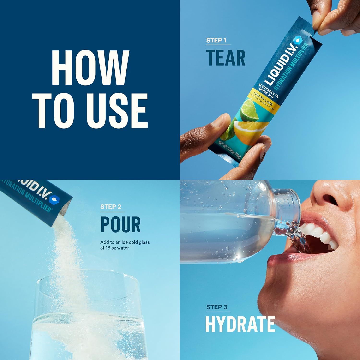 Demonstrates the simple three-step process for using the Liquid I.V. hydration multiplier product, making it easy for shoppers to understand how to prepare and consume the product.