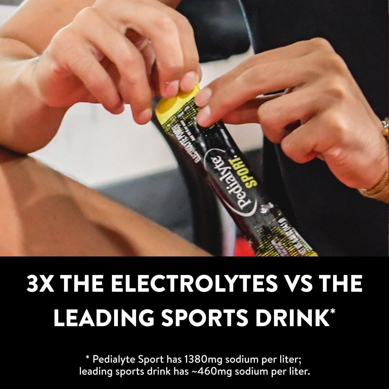 Communicates a quantifiable performance superiority claim showing the product has 3 times more electrolytes than the leading sports drink competitor, reinforcing its effectiveness for hydration.…