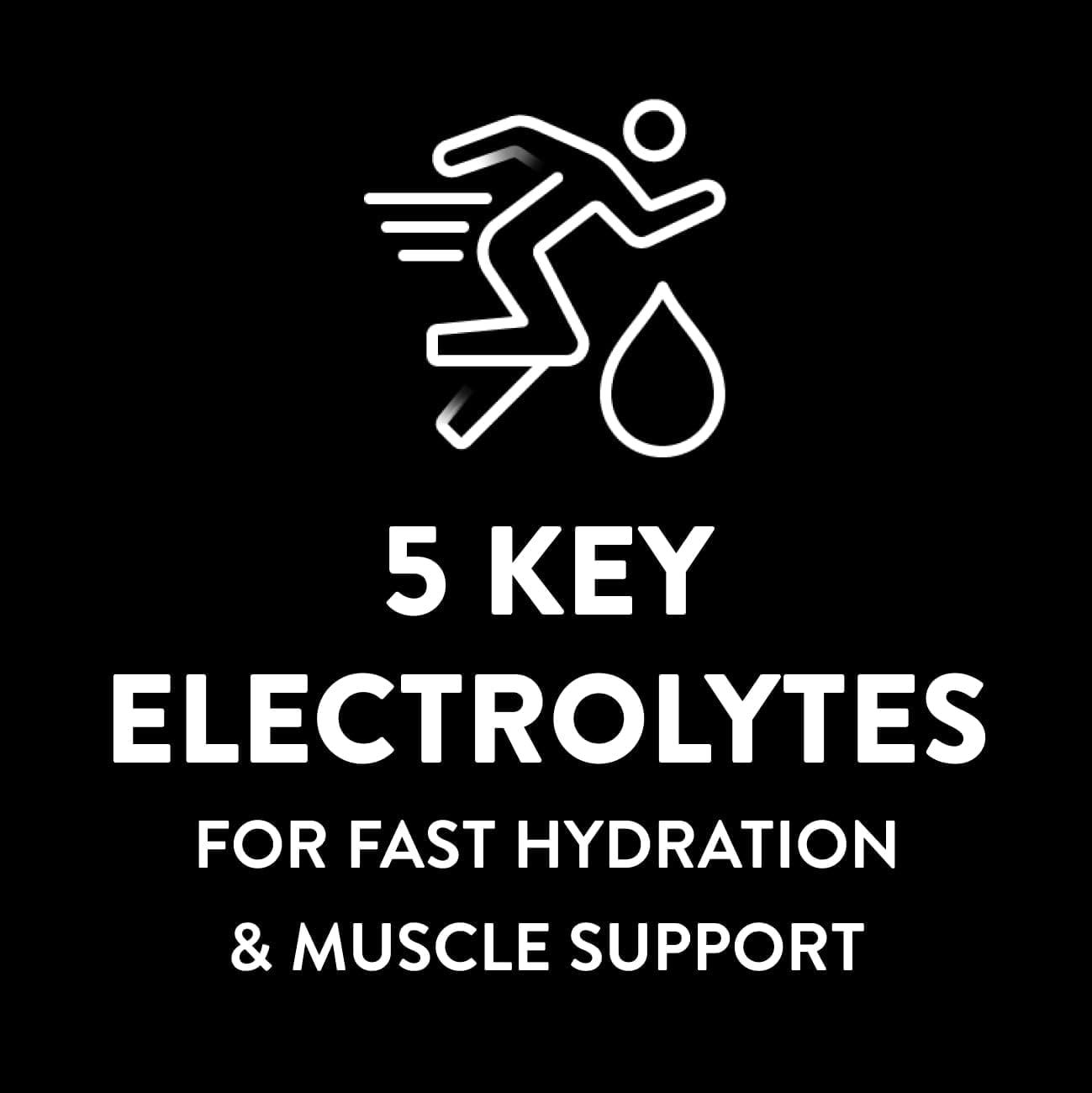 Communicates that the product contains 5 key electrolytes designed to provide fast hydration and muscle support, appealing to active consumers and athletes.