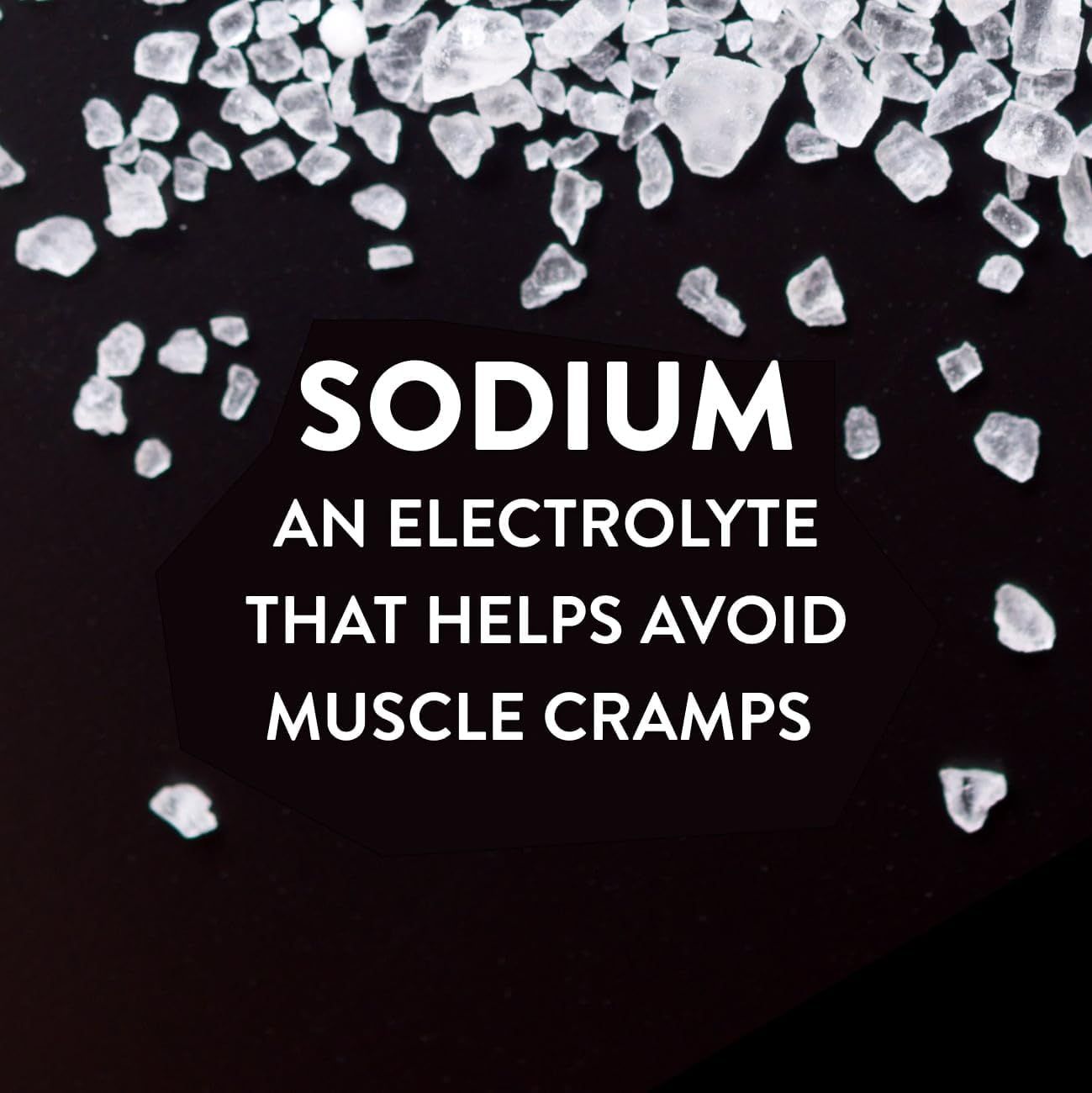 Communicates that the product contains sodium as an electrolyte that helps prevent muscle cramps, reassuring shoppers about a specific health benefit.