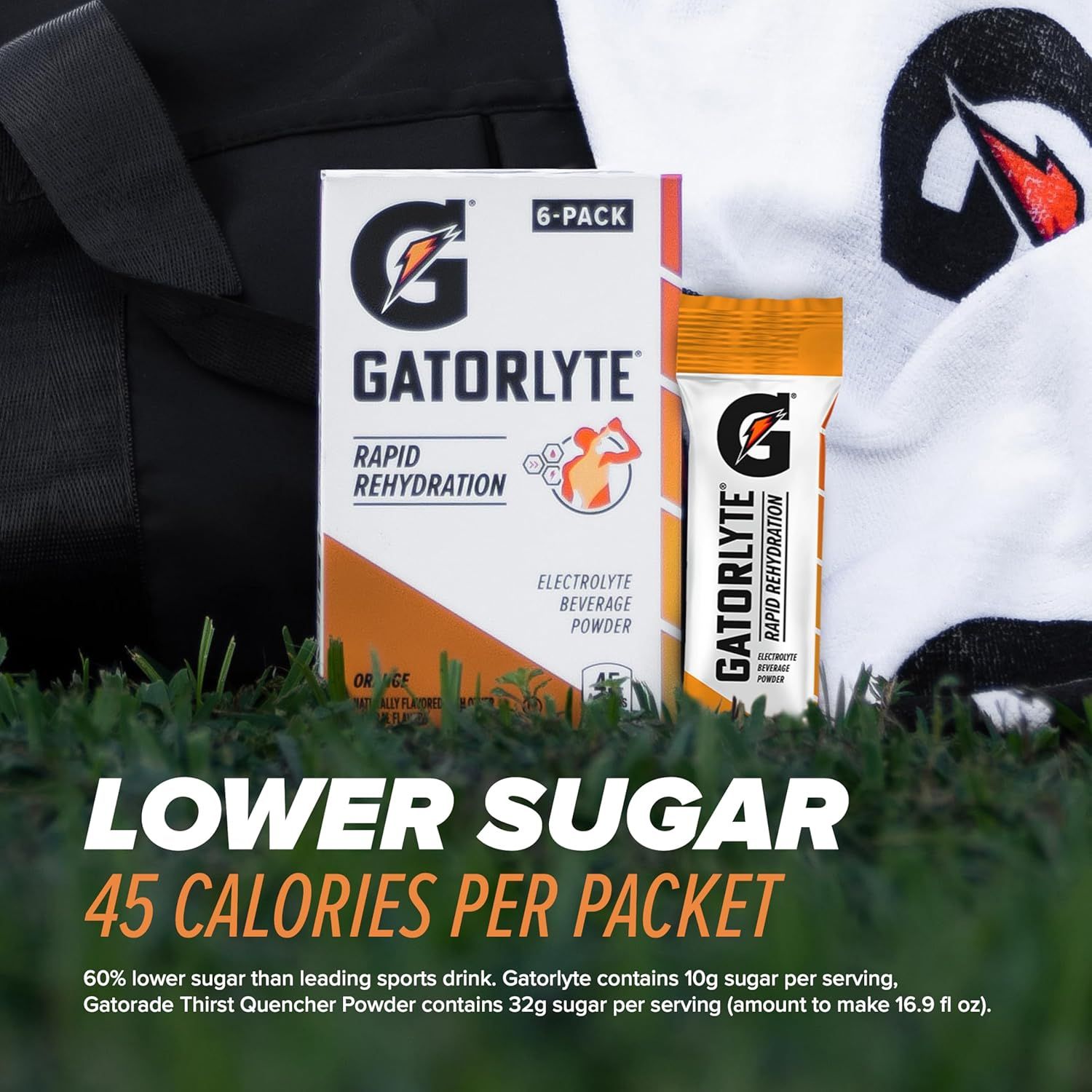 Communicates that Gatorlyte contains significantly less sugar (60% lower) and only 45 calories per packet compared to competitors, appealing to health-conscious athletes seeking hydration without…