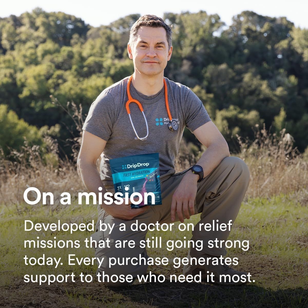 Communicates the brand's mission-driven origin story and social impact, building trust by showing the product was developed by a doctor on relief missions and that purchases support those in need.
