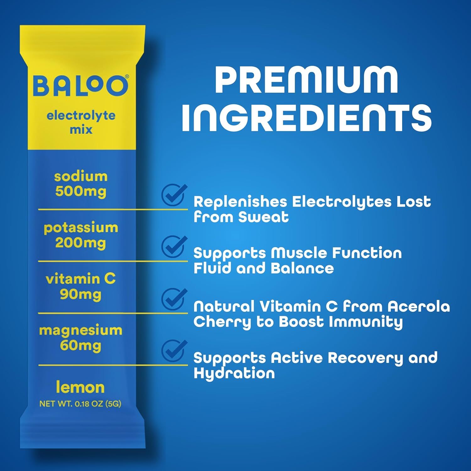 Communicates multiple distinct benefits of the electrolyte mix through a segmented layout with checkmarks, showing how the product supports hydration, muscle function, immunity, and recovery.