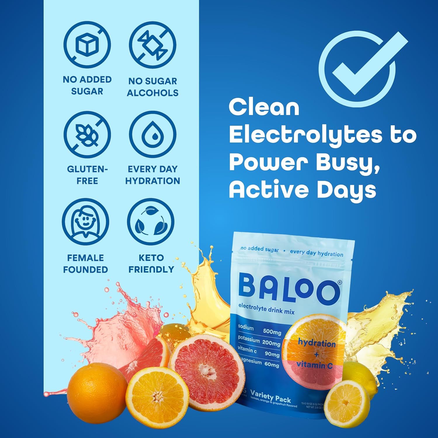 Communicates multiple product benefits and attributes in a segmented icon layout to reassure health-conscious shoppers that the electrolyte drink meets various dietary needs and lifestyle preferences.