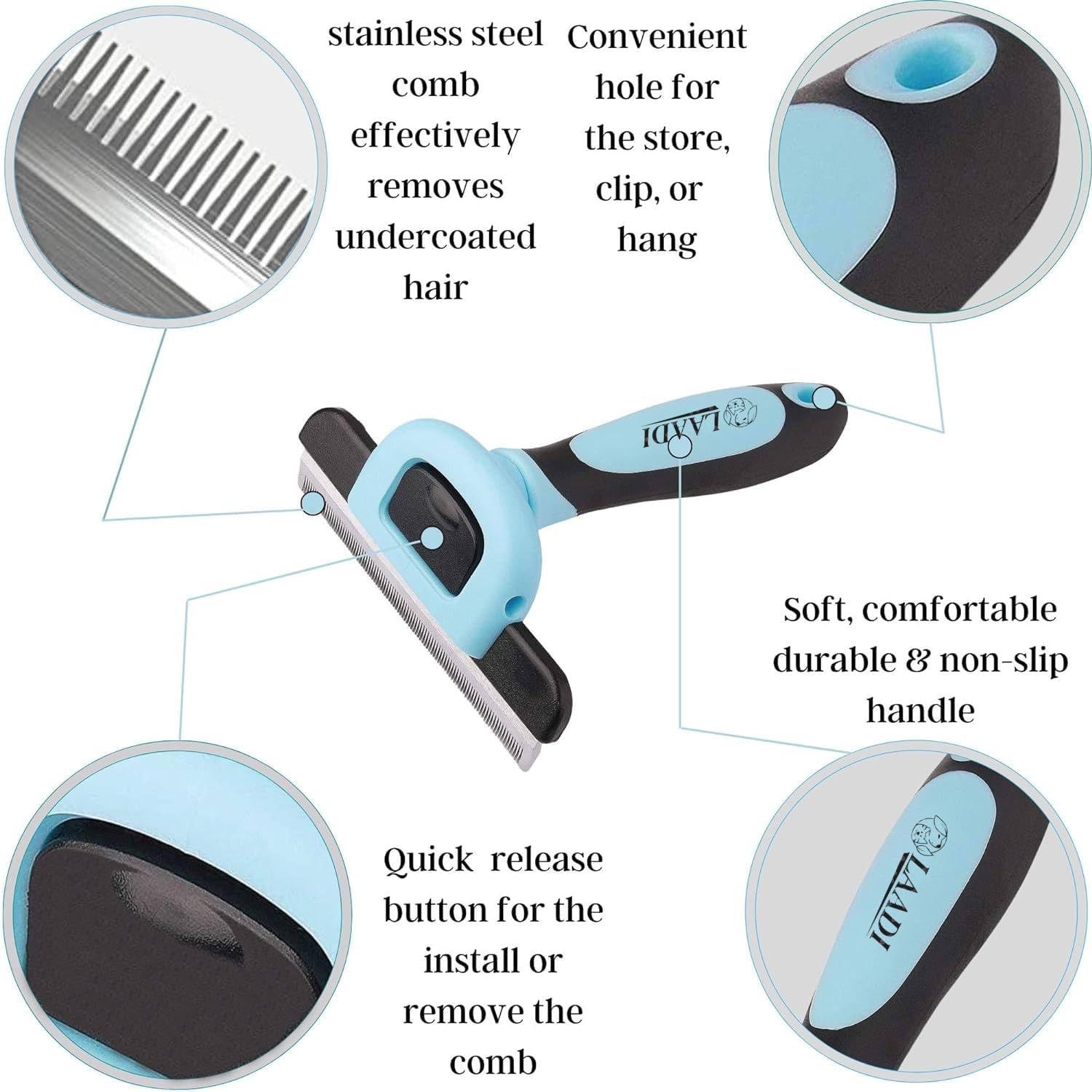 Breaks down the physical components and features of the pet grooming comb, helping shoppers understand the product's construction and functional parts.