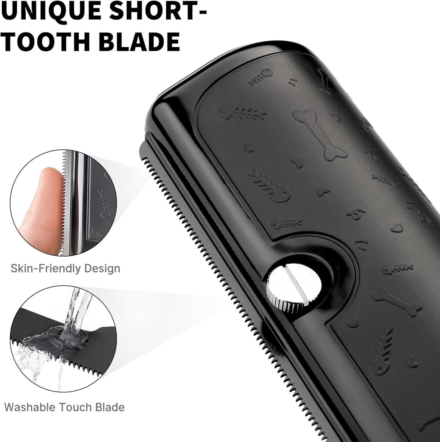 Highlights the physical components and design features of the product, specifically the unique short-tooth blade, its skin-friendly construction, and washable capability to reassure shoppers about…