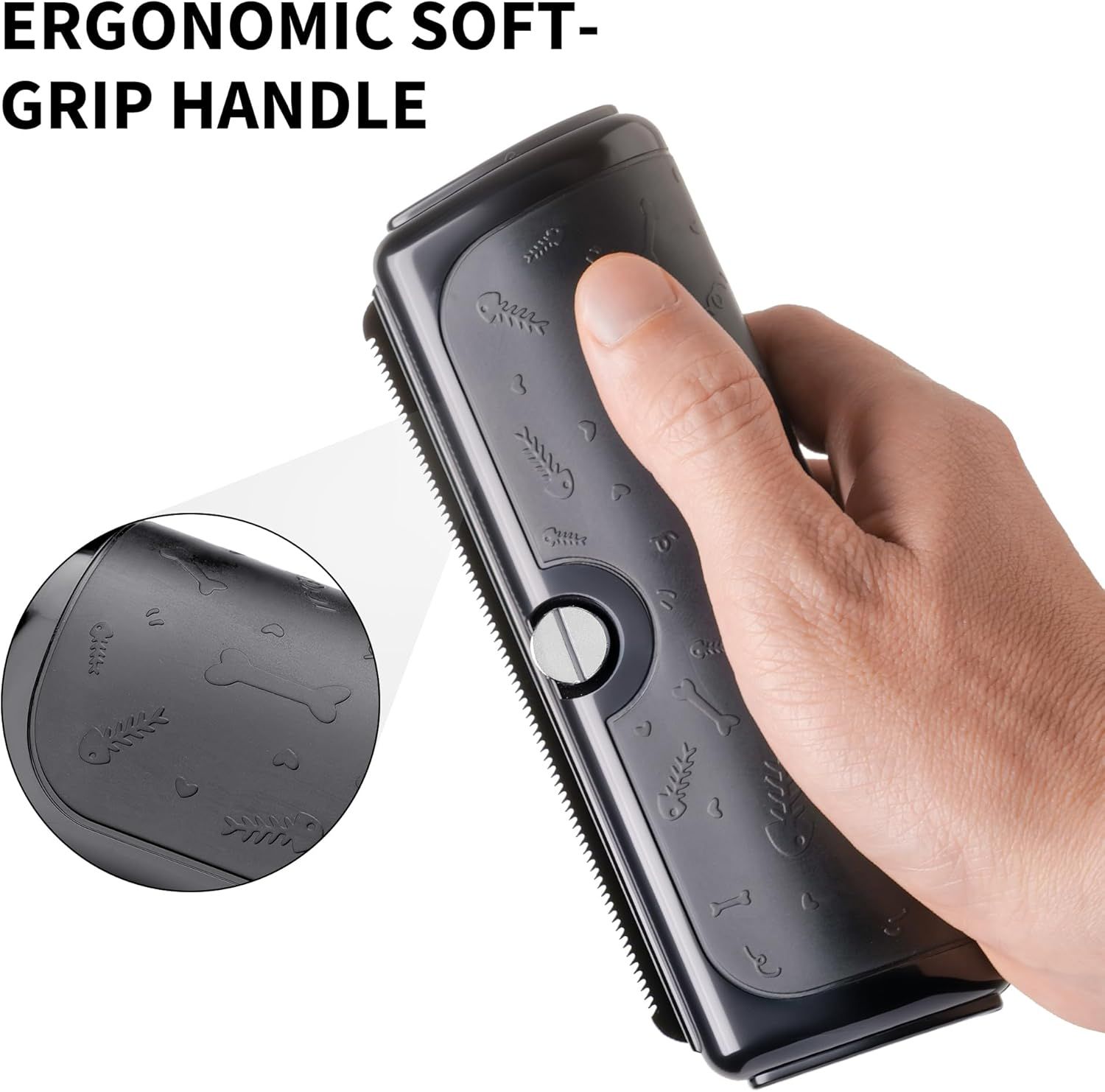 Highlights the ergonomic soft-grip handle design of the grooming tool to communicate comfort and ease of use during pet grooming. Demonstrates the comfortable, ergonomic grip benefit to reassure…