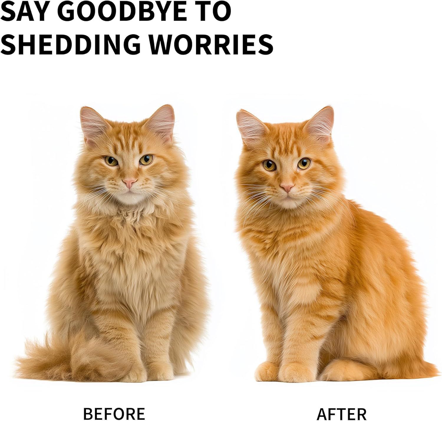 Demonstrates the product's effectiveness at reducing cat shedding by showing a visual transformation from a cat with visible shedding to one with a healthier, less-shedding coat.