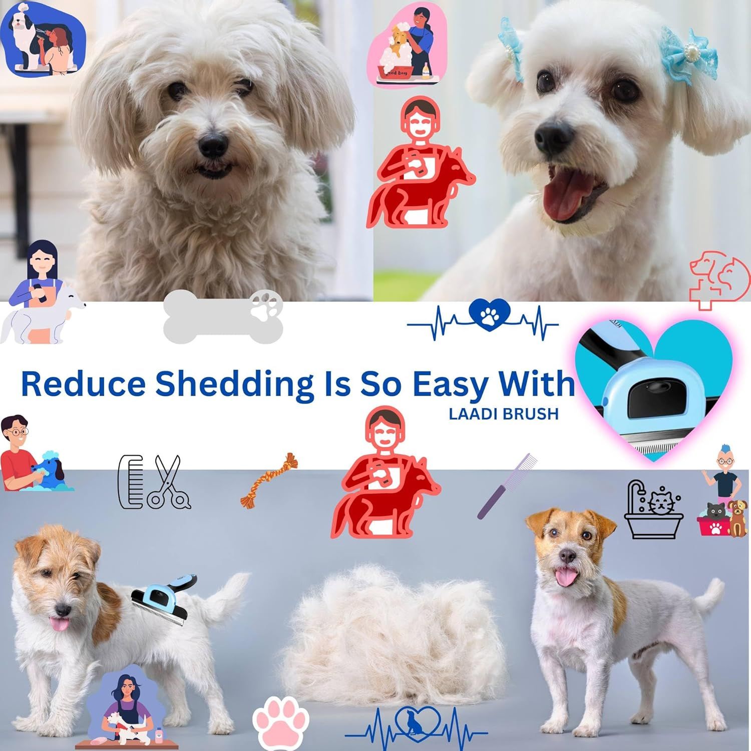 Communicates multiple benefits and features of the LAADI BRUSH pet grooming system, showing how it reduces shedding through various tools and care approaches to reassure pet owners of comprehensive…