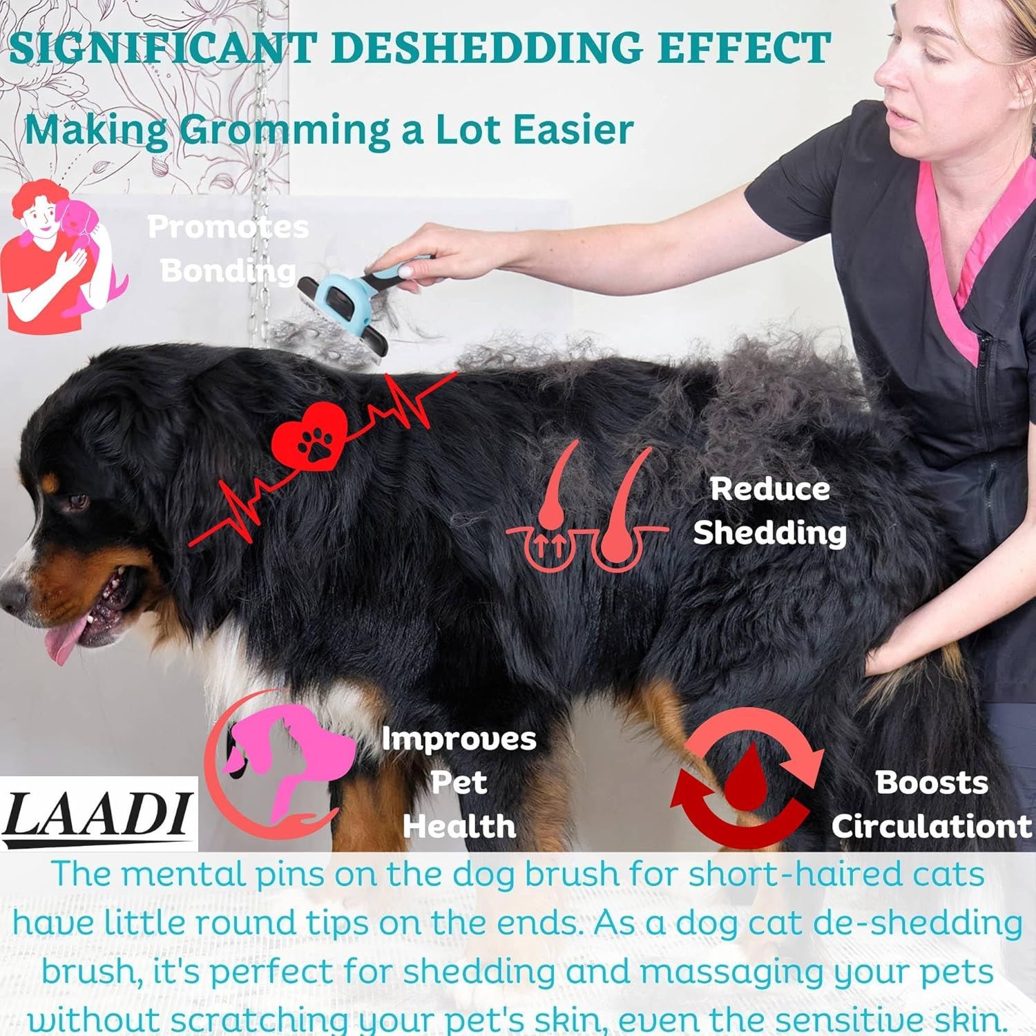 Communicates multiple distinct benefits of the pet grooming brush through a segmented layout with icons and callouts, showing how the product addresses shedding, bonding, health, and circulation.
