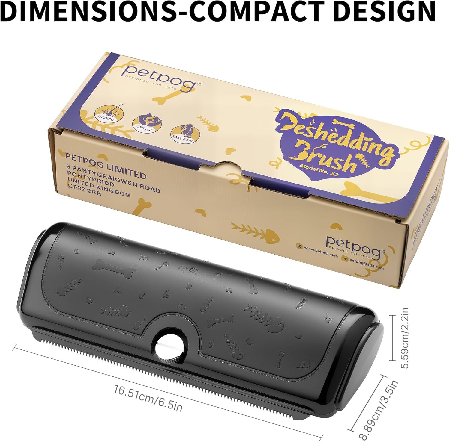 Communicates the exact physical dimensions of the pet deshedding brush to help shoppers understand its size and portability, emphasizing its compact design for easy storage and handling. Reinforces…