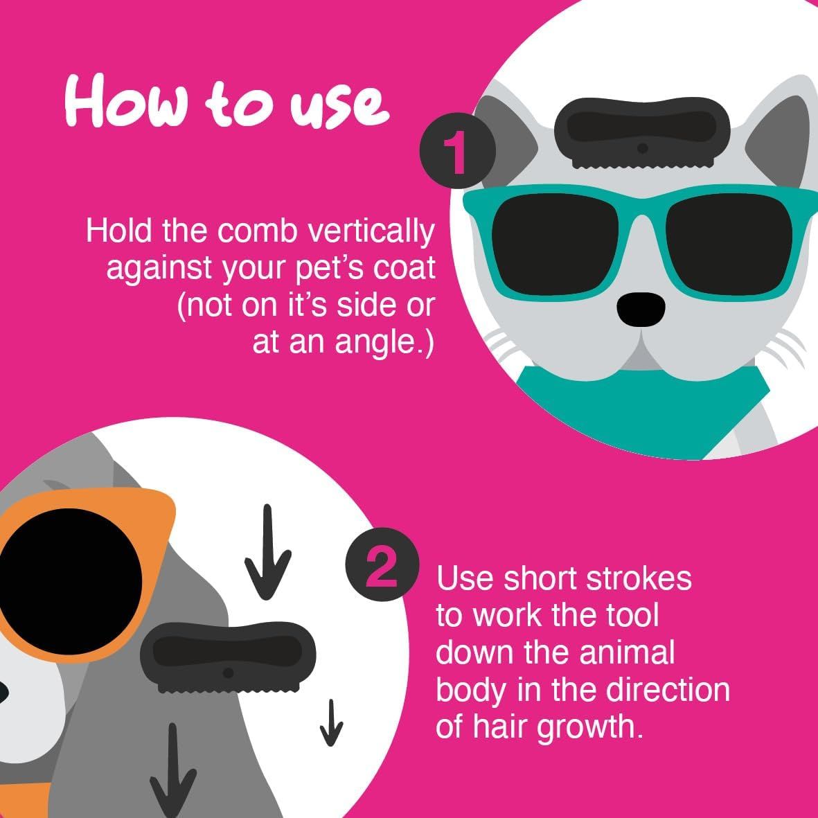 Teaches pet owners the correct way to use the grooming comb with clear numbered steps, ensuring effective and safe grooming for their pets.