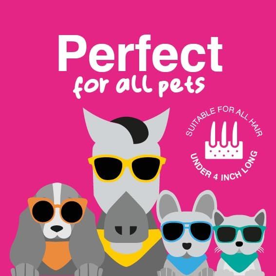 Demonstrates that the product works for multiple types of pets (dogs, horses, cats) and all hair lengths under 4 inches, reassuring shoppers of its versatility across different pet types.