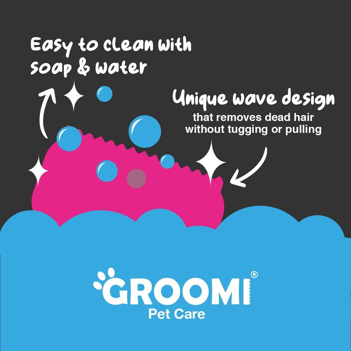 Communicates two distinct product benefits: ease of cleaning with soap and water, and a unique wave design that removes dead hair without tugging or pulling.