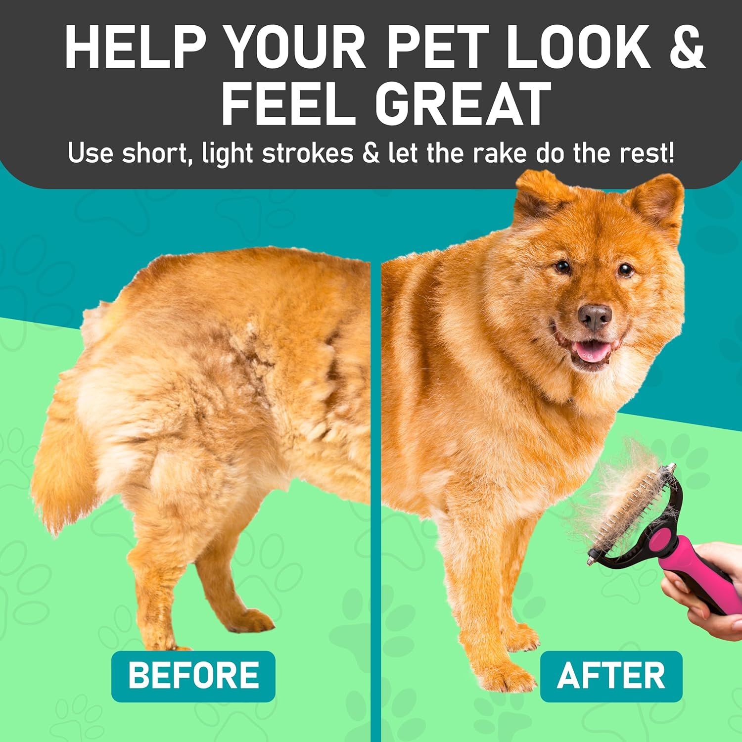 Demonstrates the visible transformation achieved by using the pet grooming rake, showing how it removes loose fur and improves the pet's appearance to reassure shoppers of the product's…
