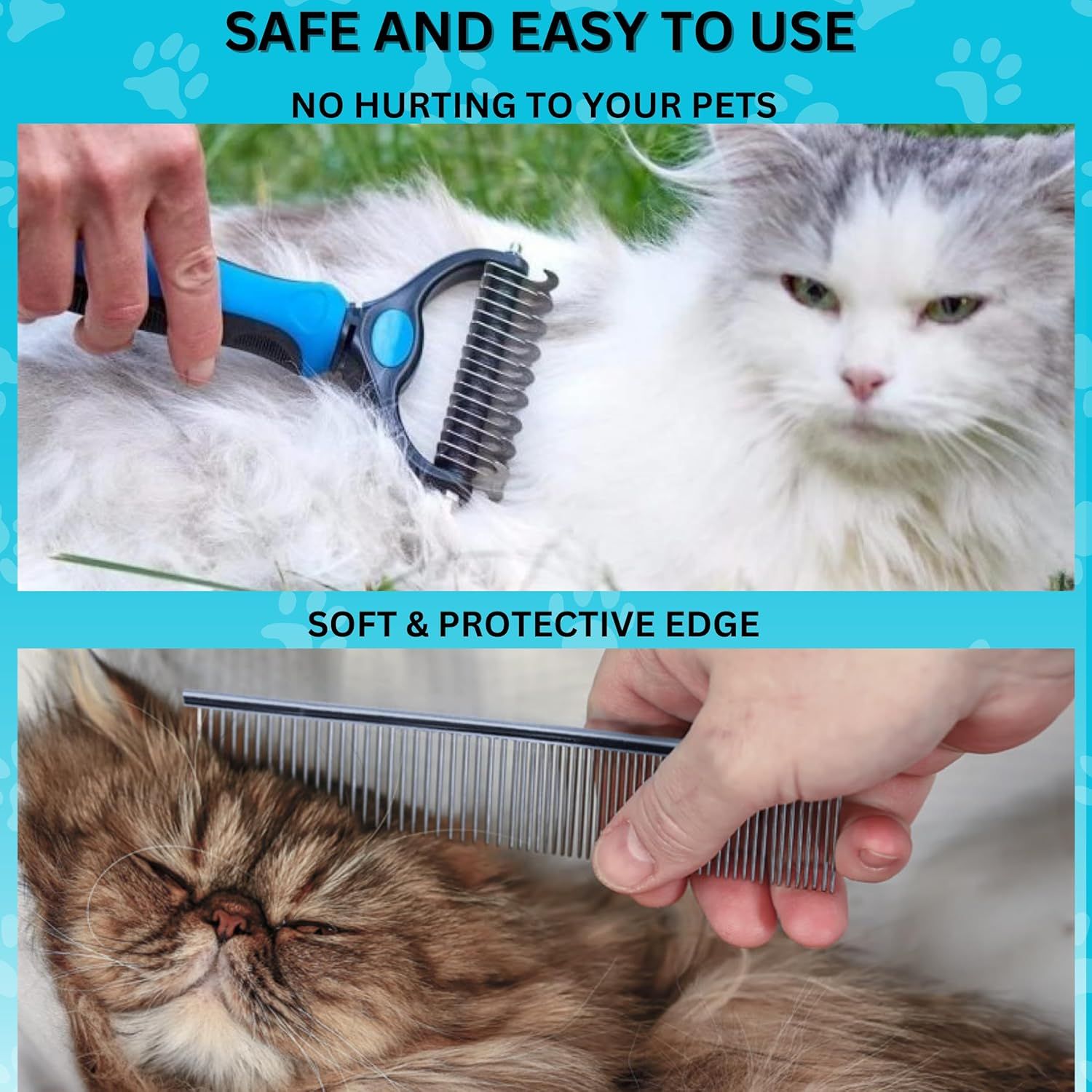 Communicates multiple safety and usability benefits of the pet grooming tool, reassuring pet owners that the product is gentle, protective, and won't harm their pets during grooming.
