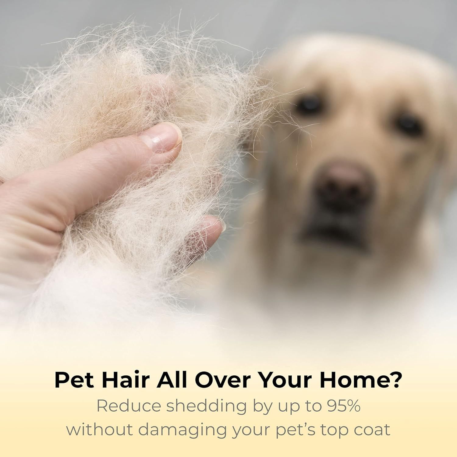Communicates a quantifiable performance claim that the product reduces pet shedding by up to 95%, addressing a common pain point for pet owners dealing with pet hair in their homes. Highlights the…
