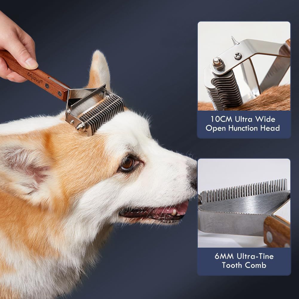 Highlights the physical components and specifications of the pet grooming tool, showing the wide head and fine tooth comb to help shoppers understand the product's construction and capabilities.
