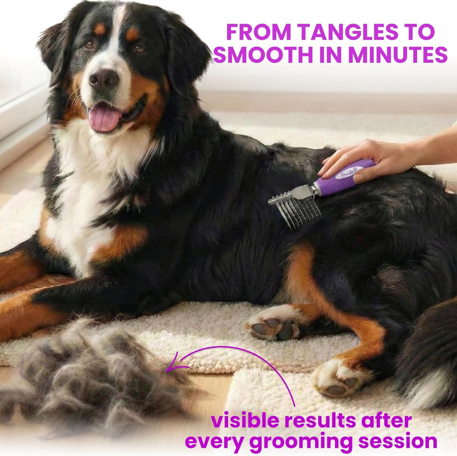Demonstrates the transformation from tangled fur to smooth, groomed fur, showing visible results (loose fur removed) after each grooming session to prove the product's effectiveness. Highlights the…