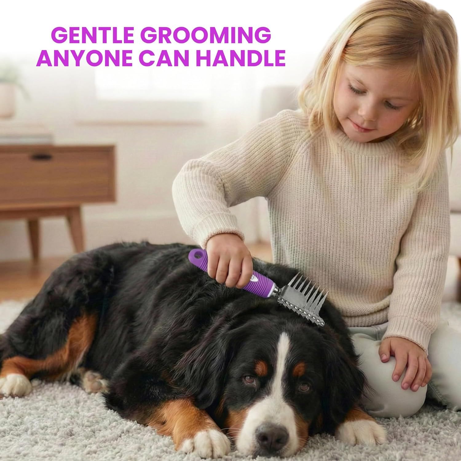 Communicates that the grooming tool is gentle and simple enough for anyone, including children, to use safely on pets.