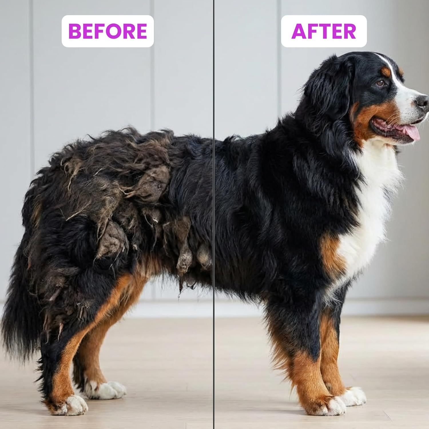 Demonstrates the dramatic transformation and effectiveness of the grooming product by showing the same dog before (matted, unkempt fur) and after (clean, well-groomed coat).