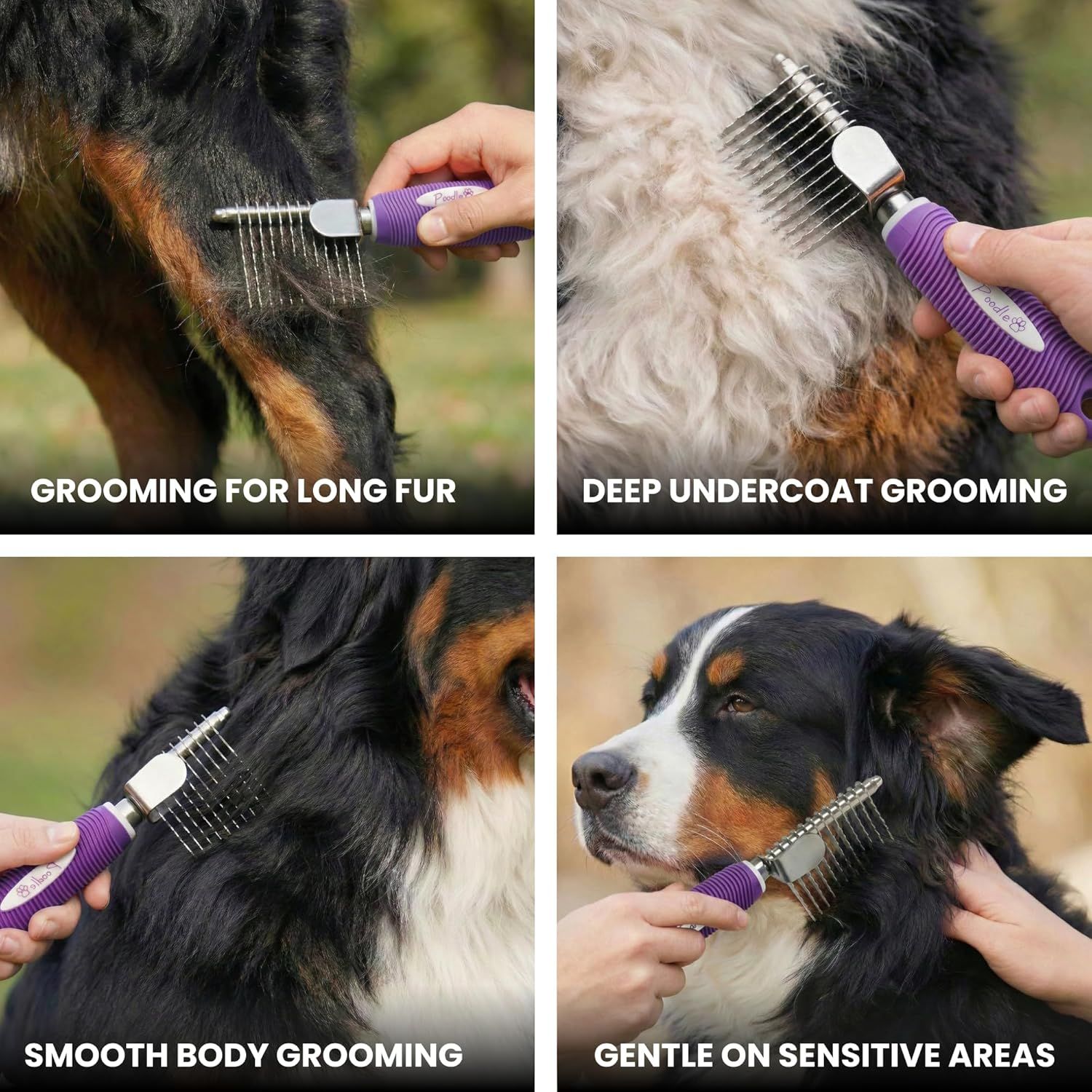 Demonstrates the versatility of the grooming tool by showing it can be used effectively across multiple different grooming scenarios and fur types, reassuring shoppers that one tool handles all…