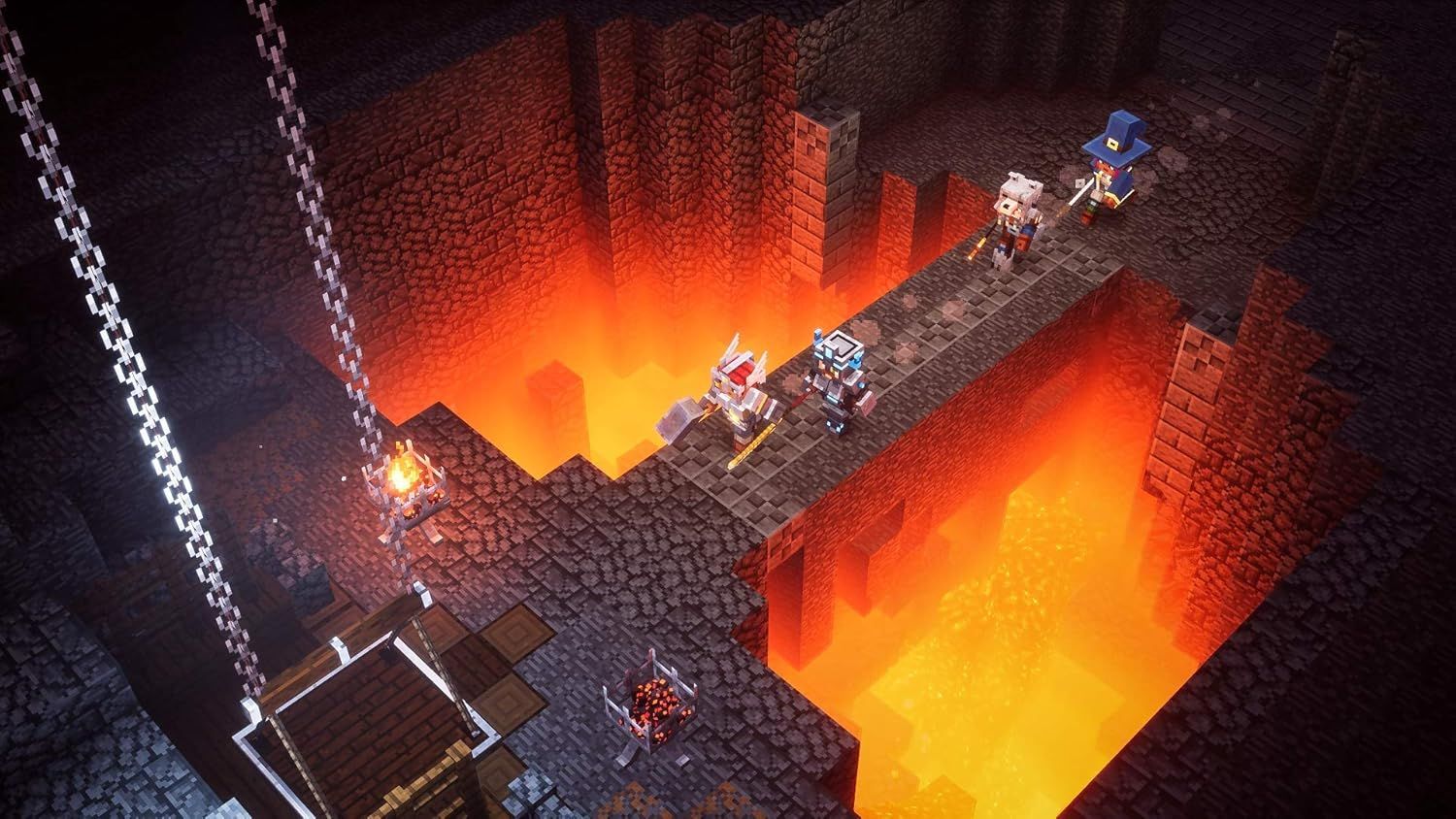 Showcases the product (game) in action within a dramatic dungeon environment to immerse shoppers in the gameplay experience and demonstrate the visual quality and cooperative multiplayer features.