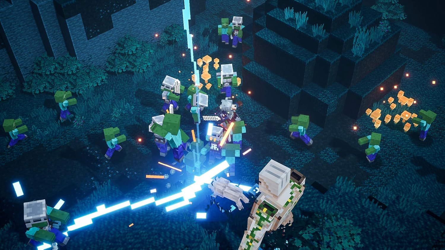 Showcases the product (game) in action with multiple players engaged in combat, demonstrating the multiplayer cooperative gameplay experience in a visually engaging nighttime environment.