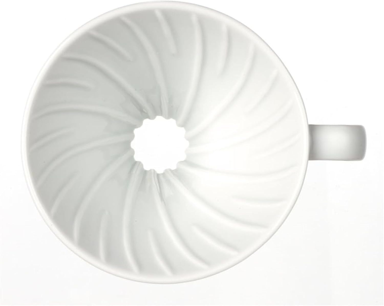 Provides a clean, catalog-style view of the coffee dripper from above, showing its ridged interior design and handle without any distractions.