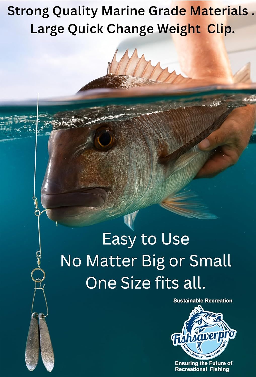 Communicates the product's ease of use and versatility, emphasizing that one size fits all fish regardless of size, while highlighting the quality marine-grade materials used in construction.