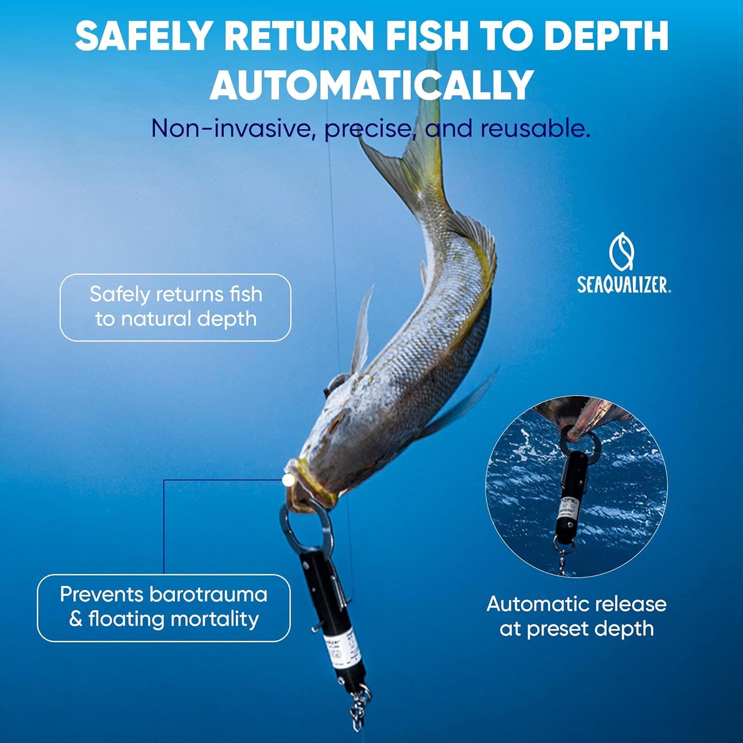Communicates multiple key benefits of the Seaqualizer device: it safely returns fish to depth automatically, prevents barotrauma and floating mortality, and is non-invasive, precise, and reusable.