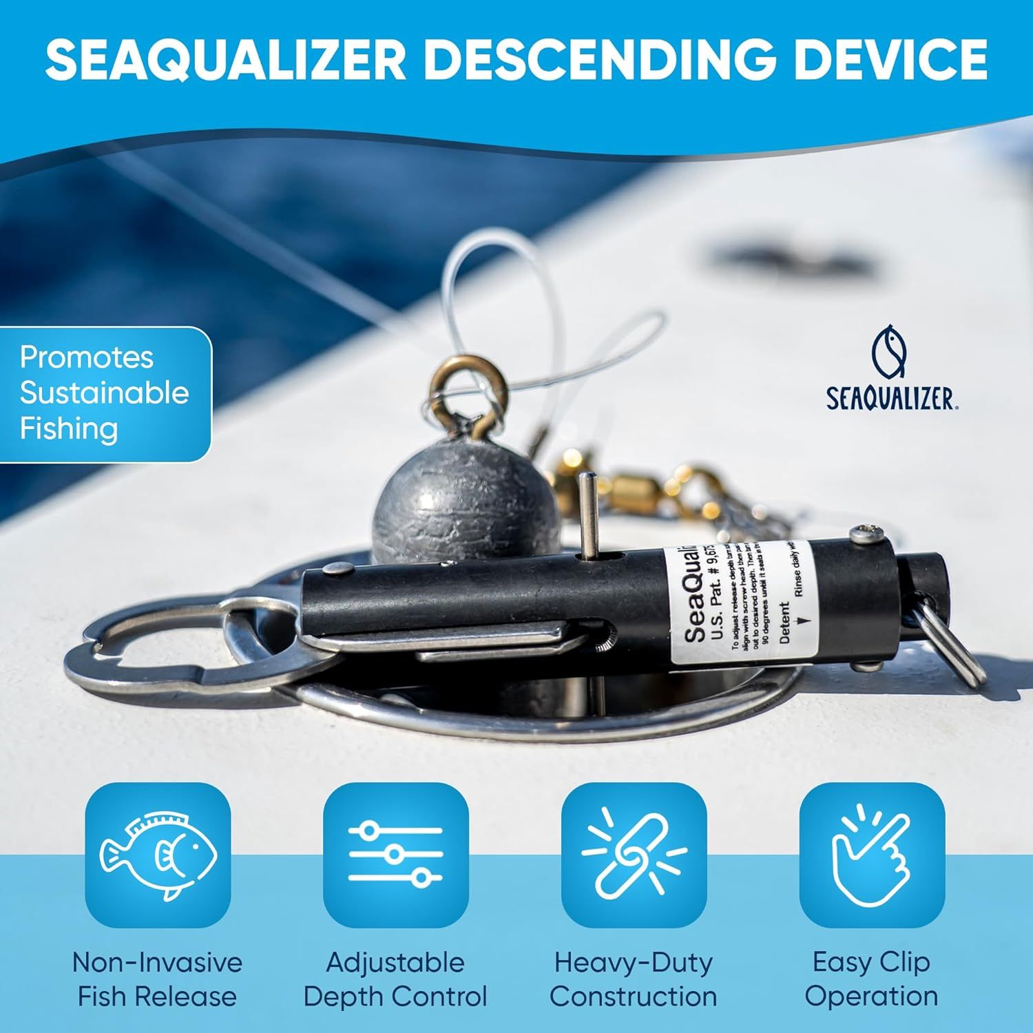 Communicates multiple key benefits of the Seaqualizer descending device in a segmented layout, highlighting its fish-friendly design, adjustability, durability, and ease of use to appeal to…