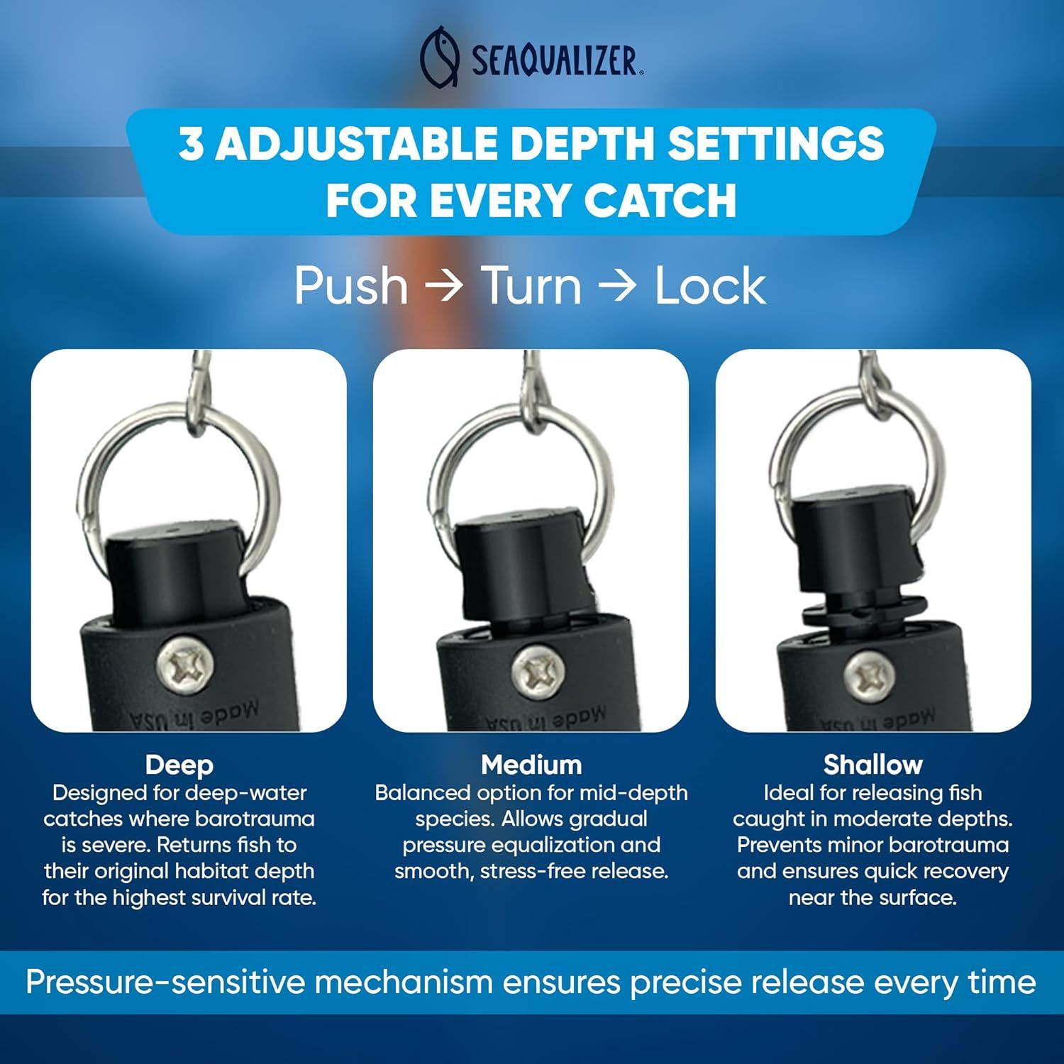 Explains how to use the adjustable depth settings (Push → Turn → Lock) and demonstrates the three depth options (Deep, Medium, Shallow) for different fishing scenarios to ensure proper fish release…