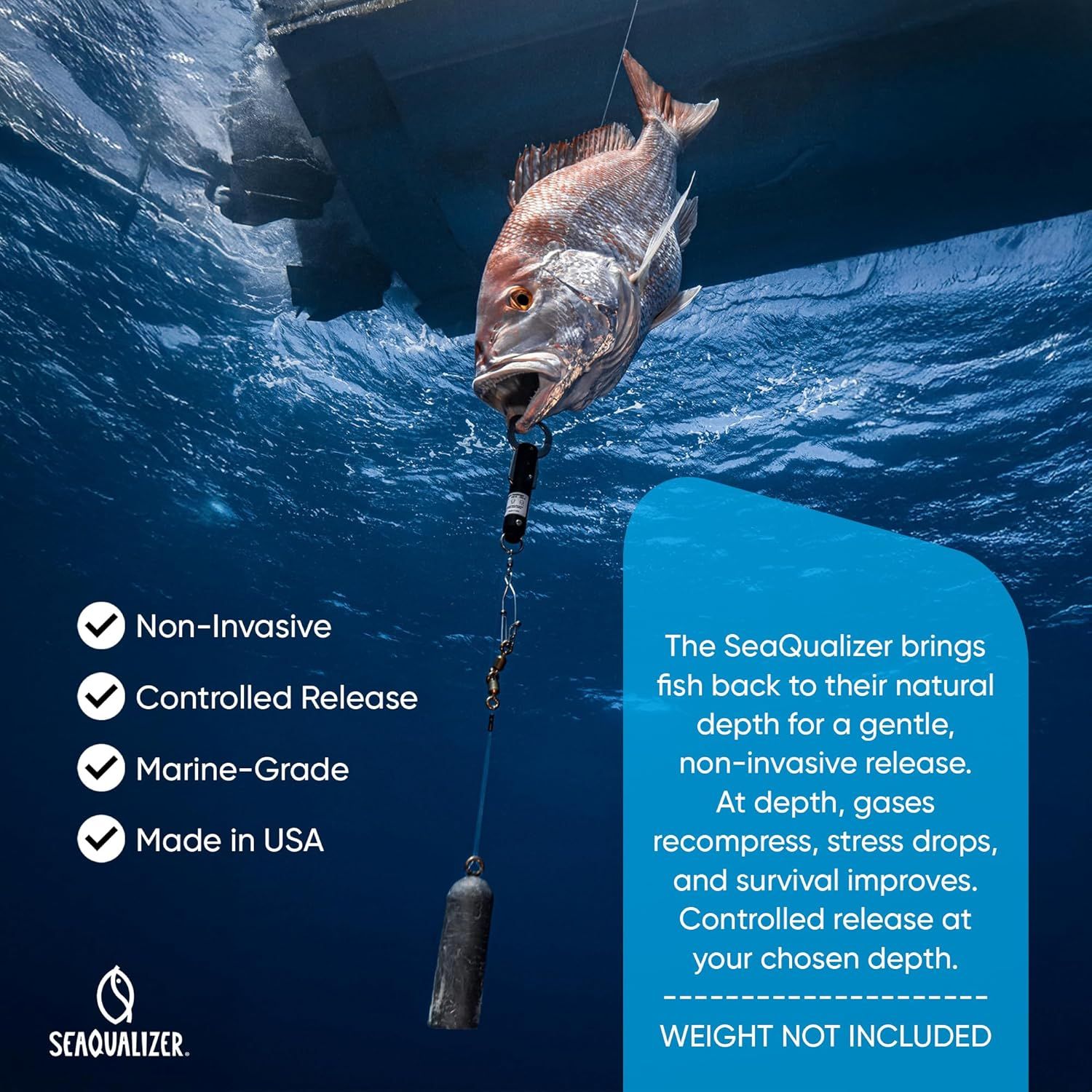 Communicates multiple key product benefits in a segmented layout to show why the SeaQualizer is superior for catch-and-release fishing, emphasizing safety, quality, and origin.