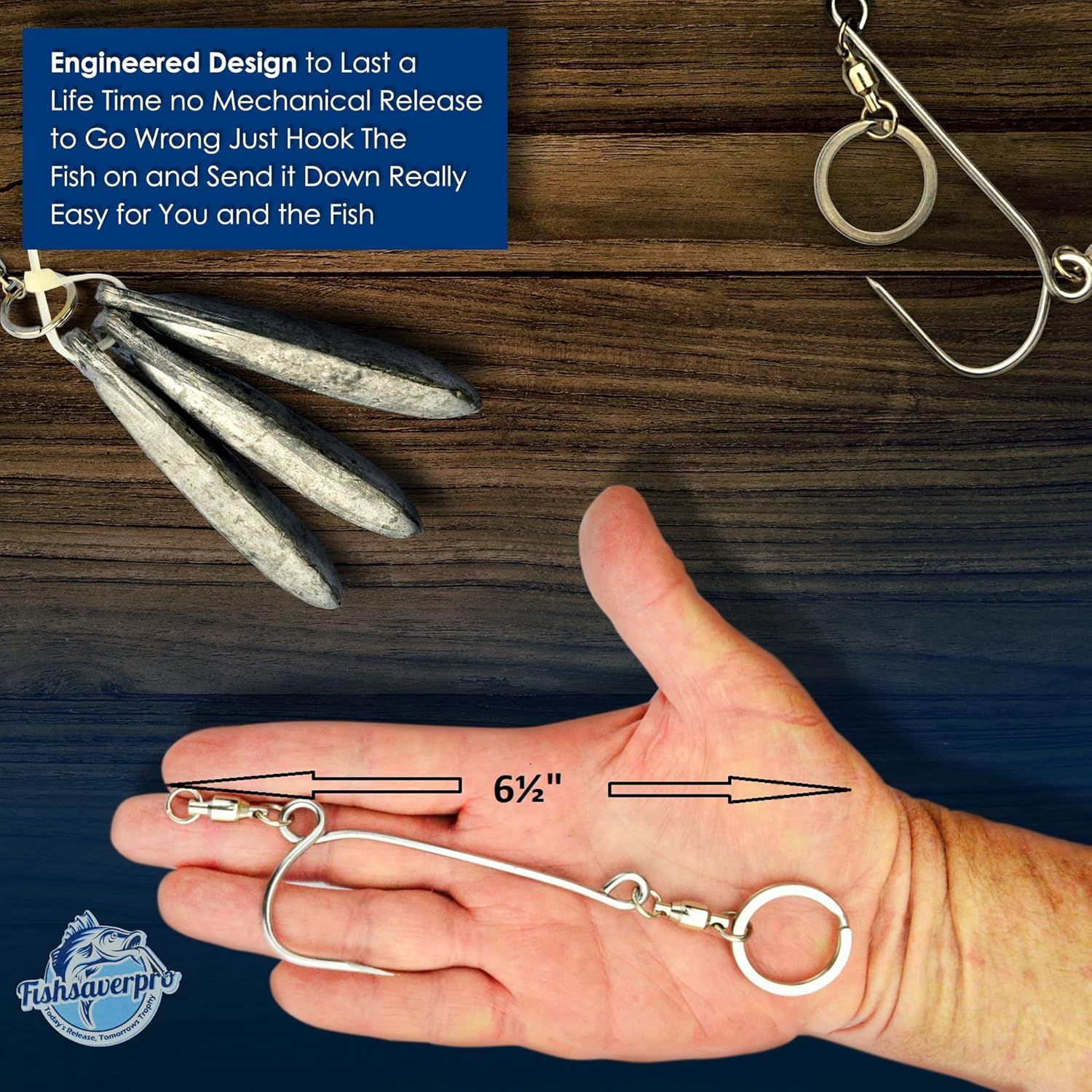 Demonstrates the physical size of the fishing hook using a hand for scale and dimensional measurement to help shoppers understand how compact and portable the product is. Highlights the engineered…