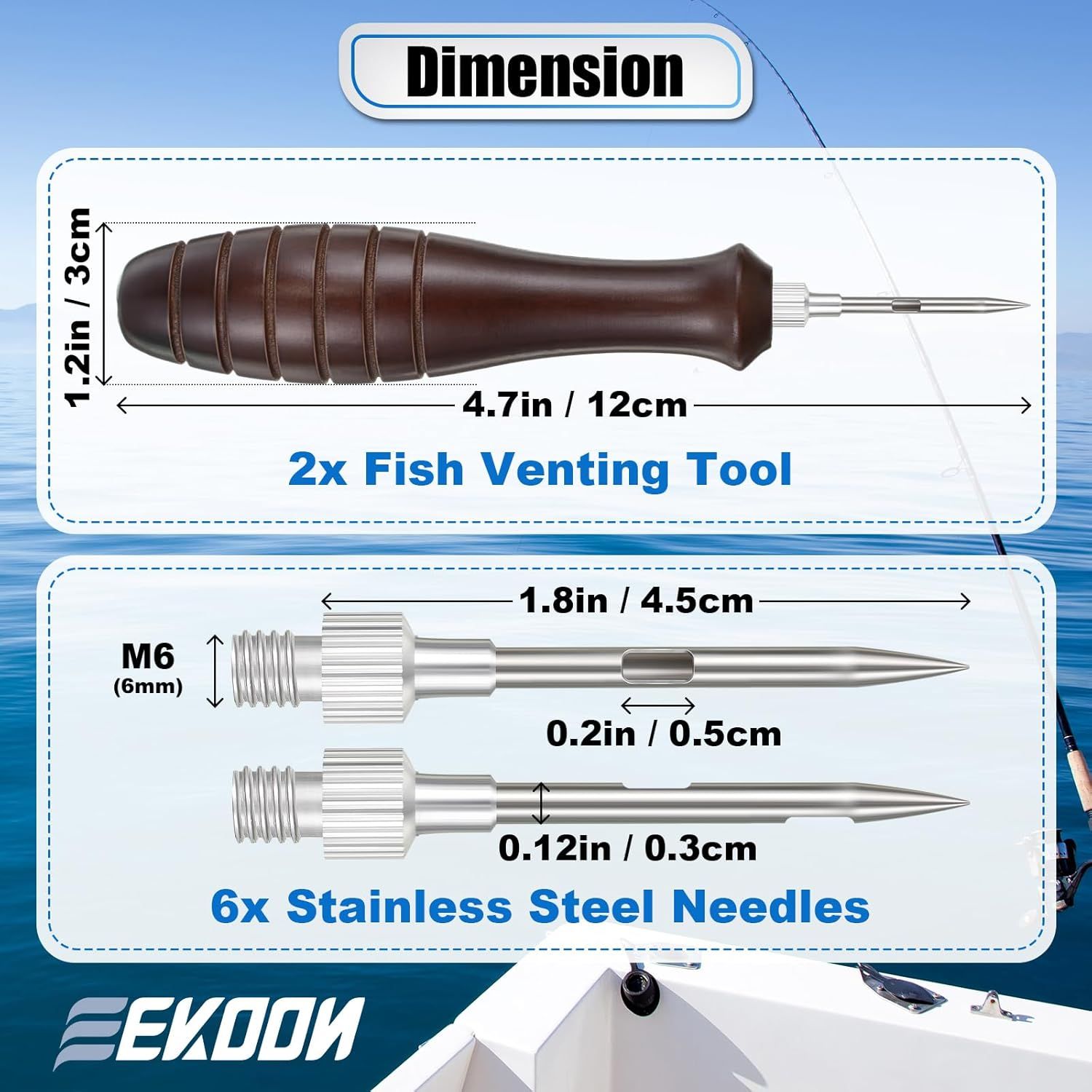 Provides exact physical dimensions of the fish venting tool and stainless steel needles to help shoppers understand the size and scale of the product components. Shows what is included in the…