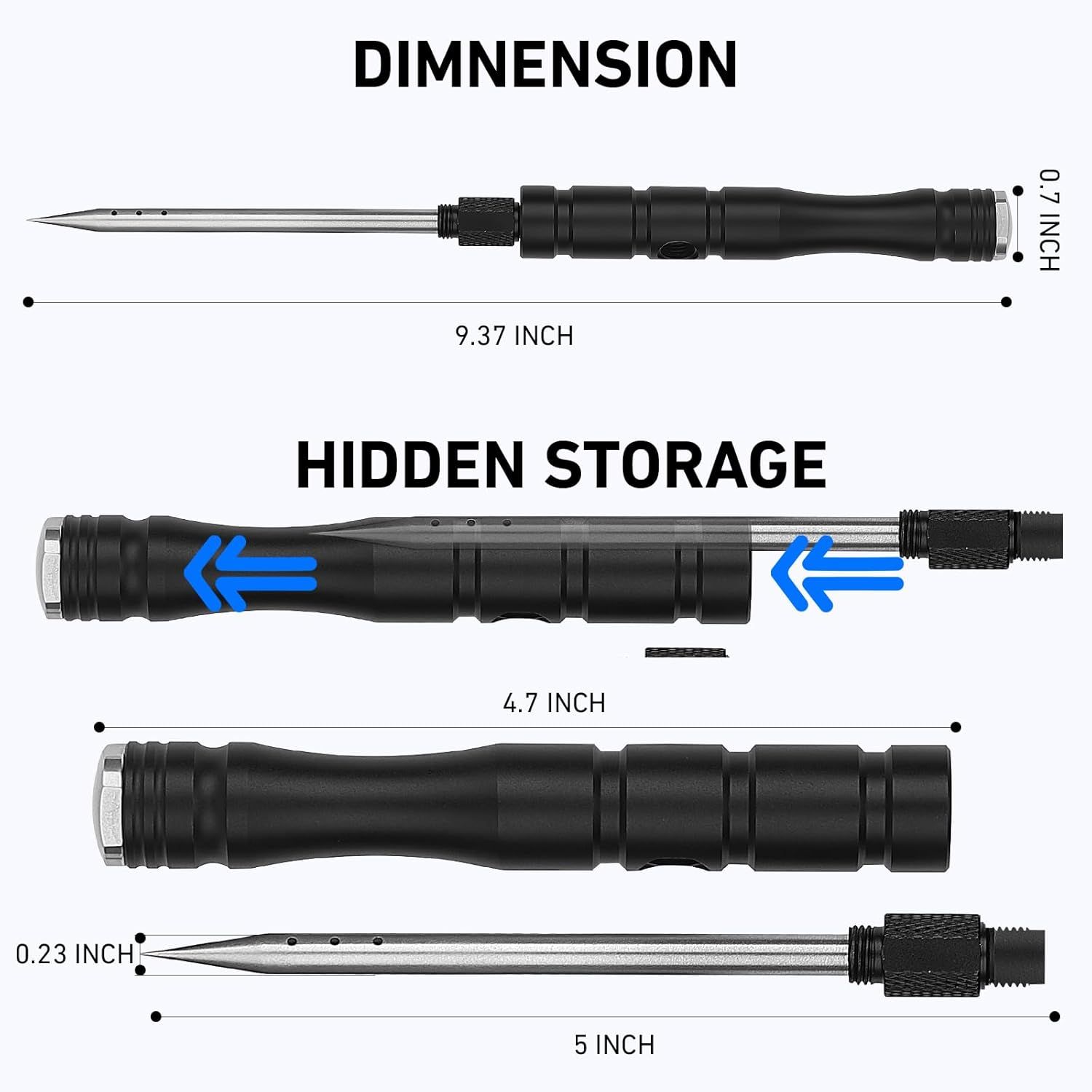 Communicates the exact physical dimensions of the product (9.37 inches total length, 0.71 inch width, 4.7 inch and 5 inch component measurements) and reveals the hidden storage compartment feature…