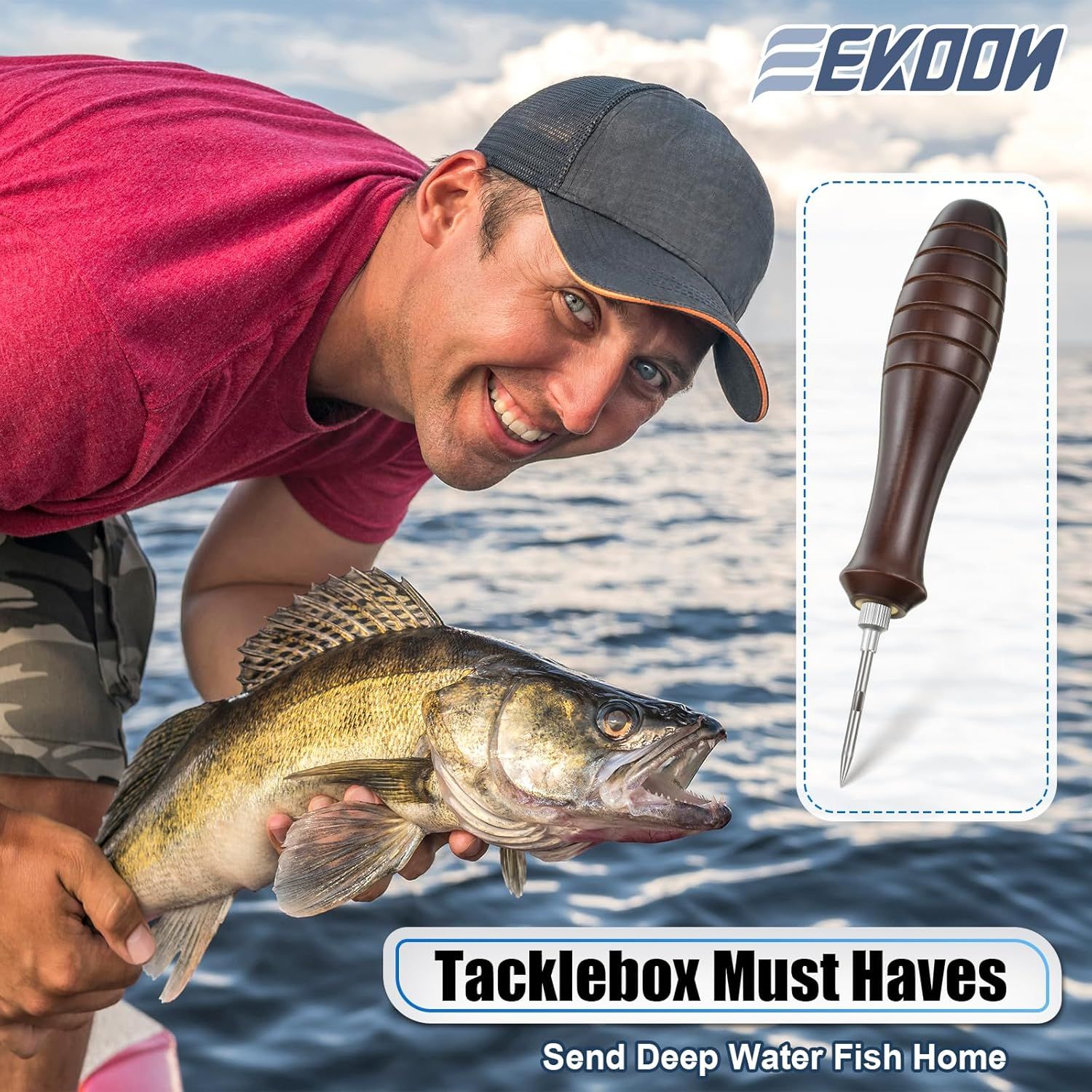 Demonstrates the product's effectiveness for deep water fishing by showing a successful catch, positioning the fishing tool as a must-have tackle box item.