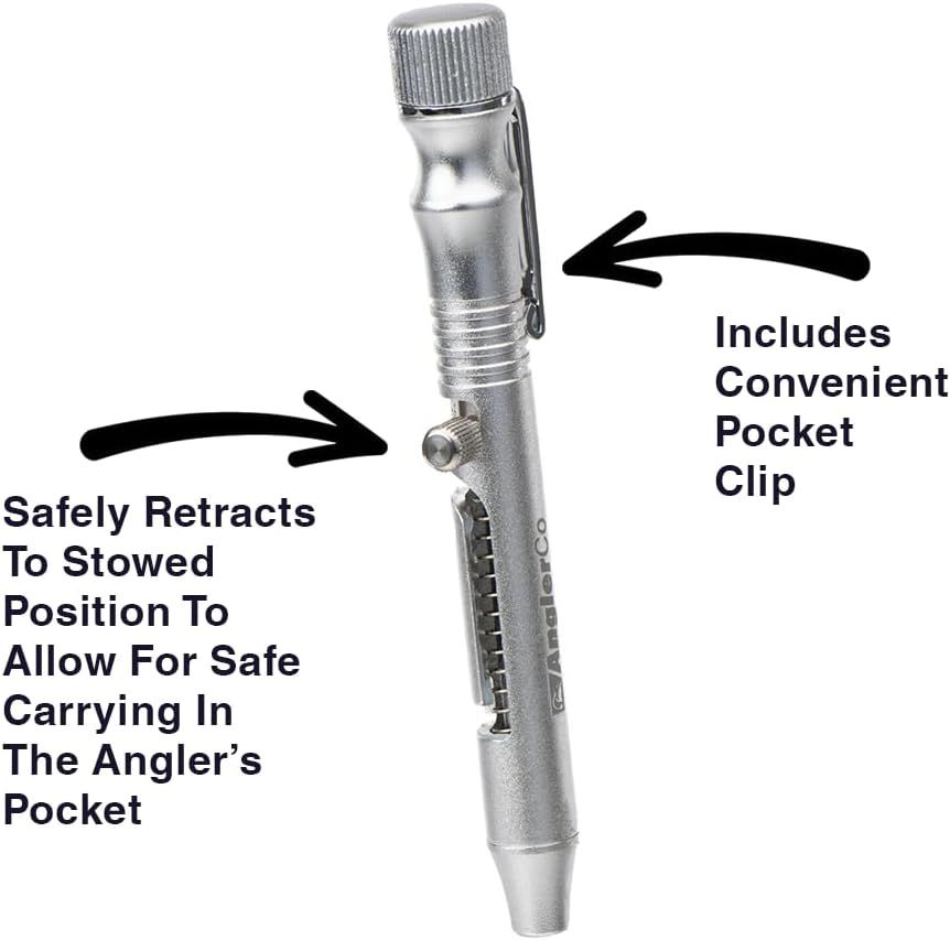 Highlights the physical components and safety features of the product, showing the retractable mechanism for safe pocket carrying and the convenient pocket clip for portability. Communicates the key…