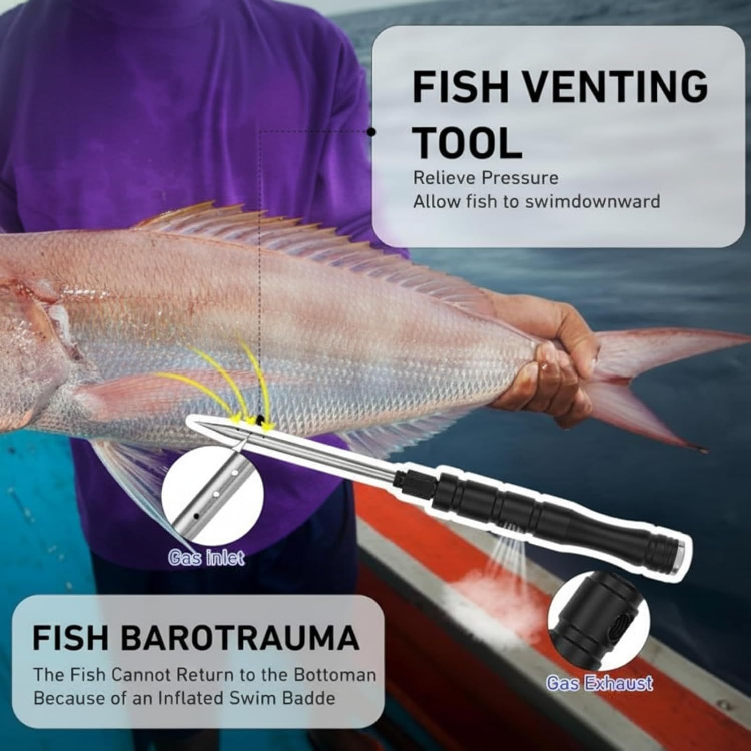 Educates anglers on how to use a fish venting tool to relieve pressure and allow caught fish to swim downward safely, addressing the barotrauma problem. Highlights the physical components of the…