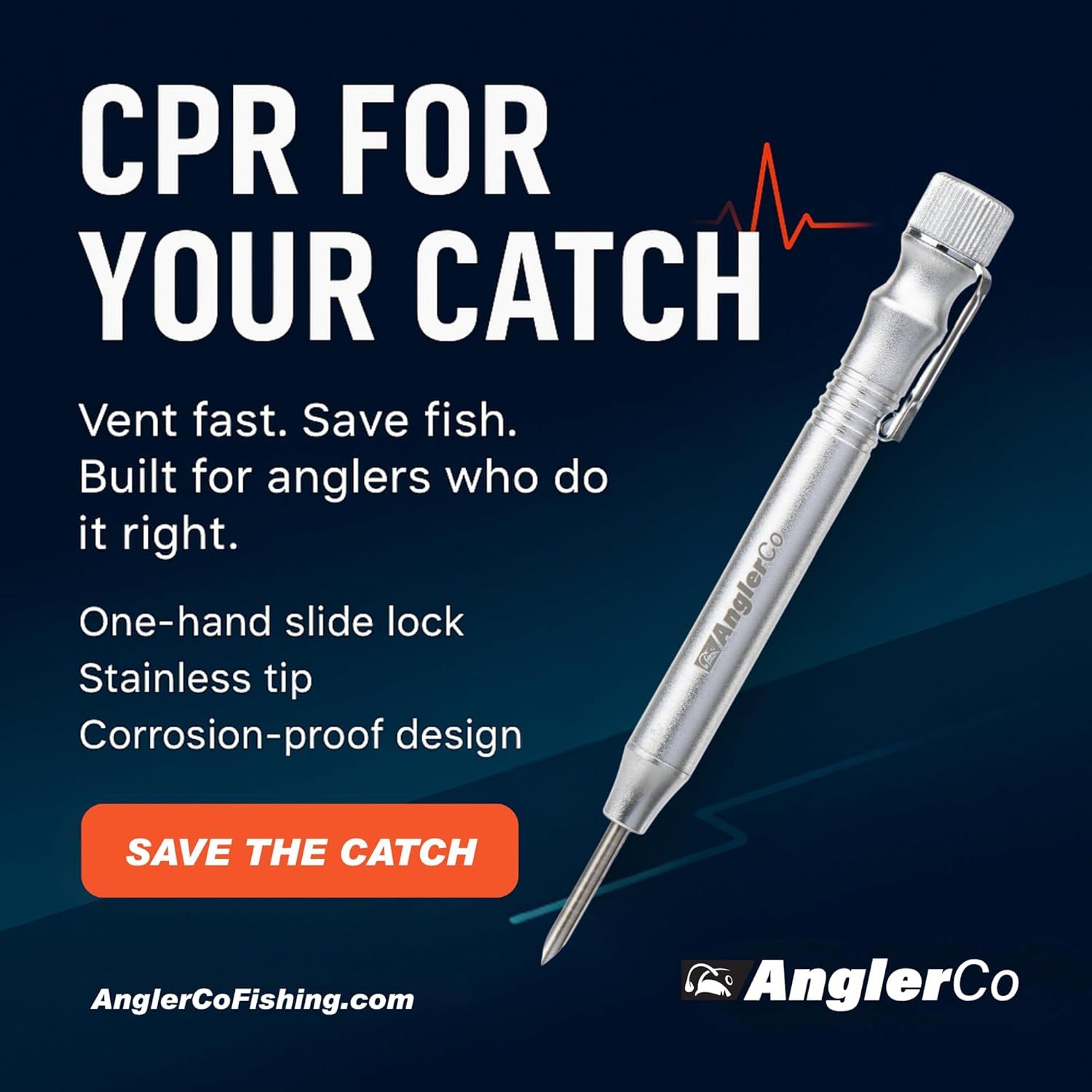 Highlights multiple distinct product features and benefits in a segmented list format to communicate the tool's quality construction and ease of use for anglers.