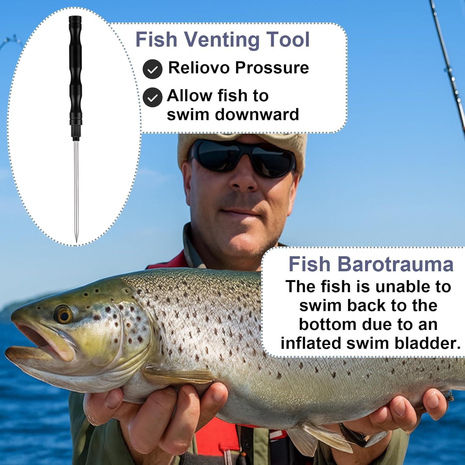 Educates anglers on how to properly use a fish venting tool to relieve pressure and prevent barotrauma, allowing caught fish to swim back down safely. Demonstrates the product's primary benefit of…