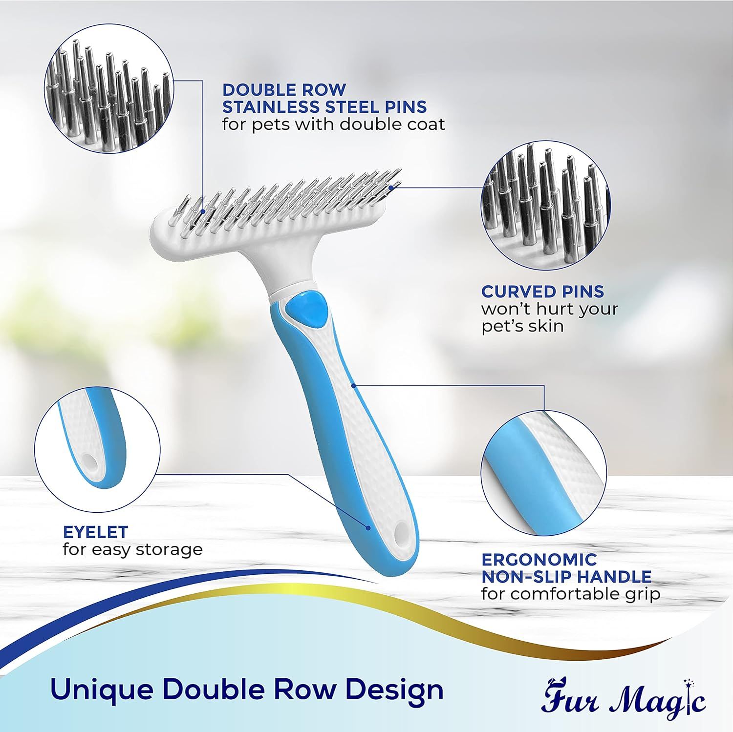 Breaks down the pet grooming brush by highlighting its key physical components and design features, showing shoppers exactly what makes this product effective and safe for pets with double coats.